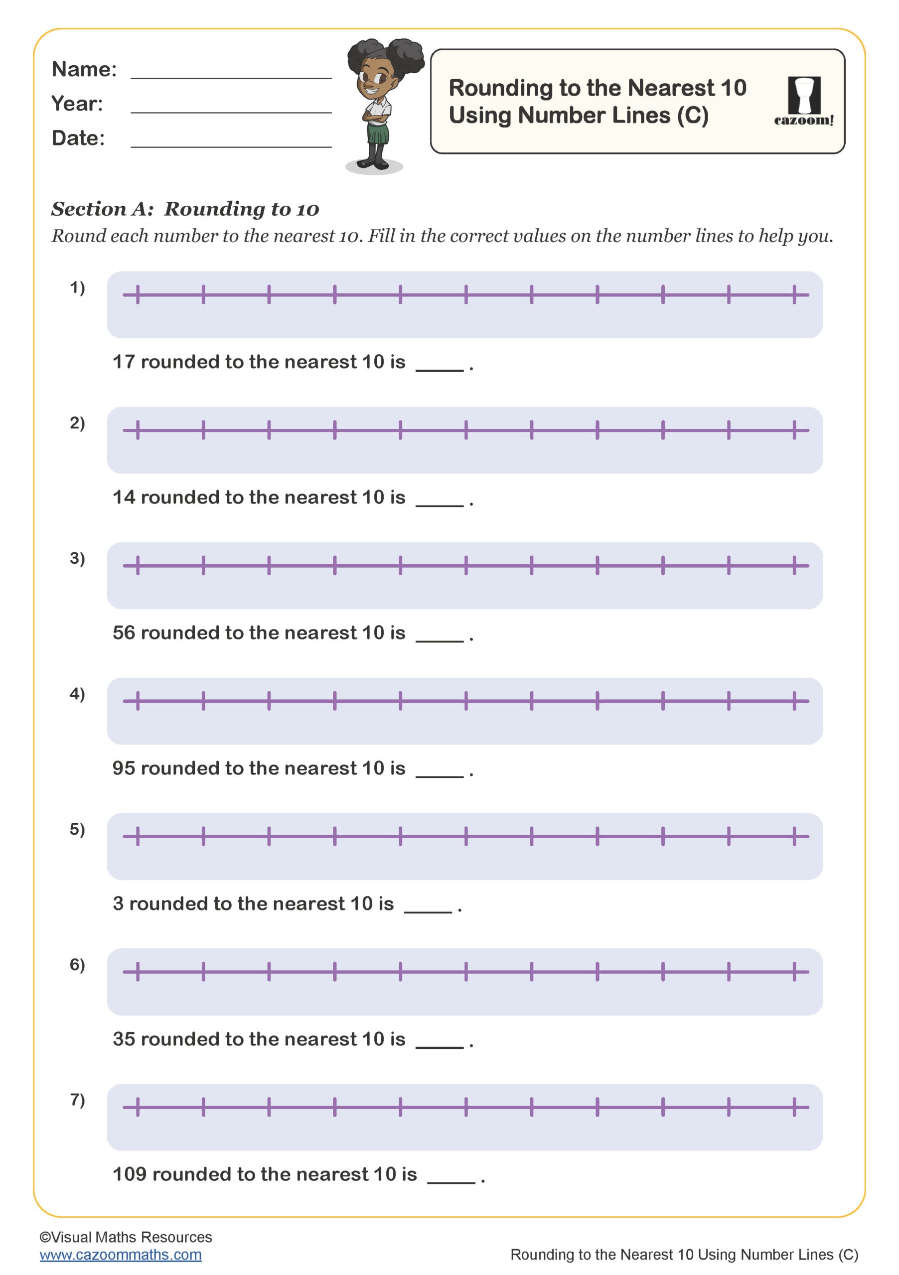 Rounding Numbers to the Nearest 10 Using Number Lines (A) Worksheet ...