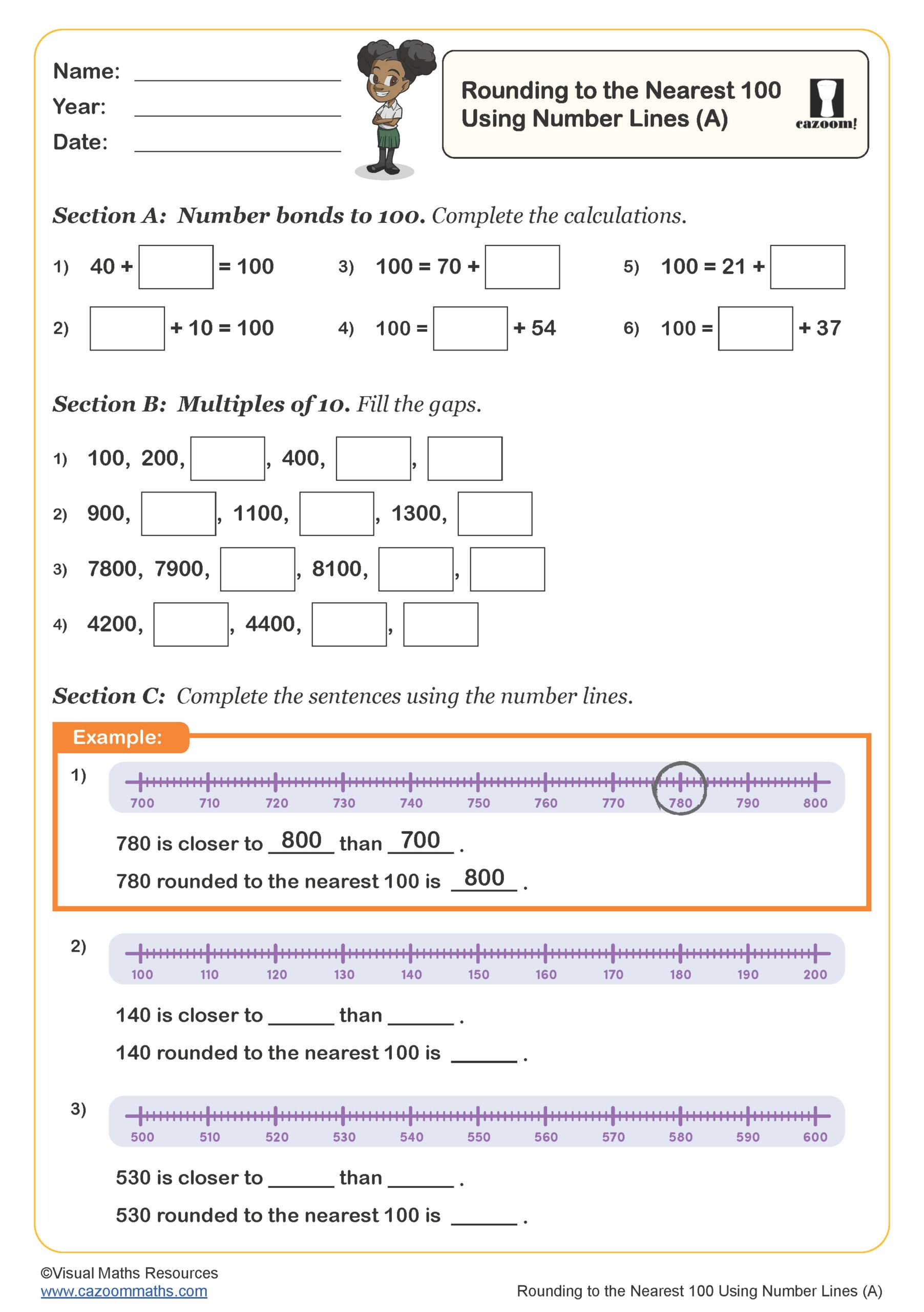 Preview of Rounding Numbers to the Nearest 100 Using Number Lines (A)