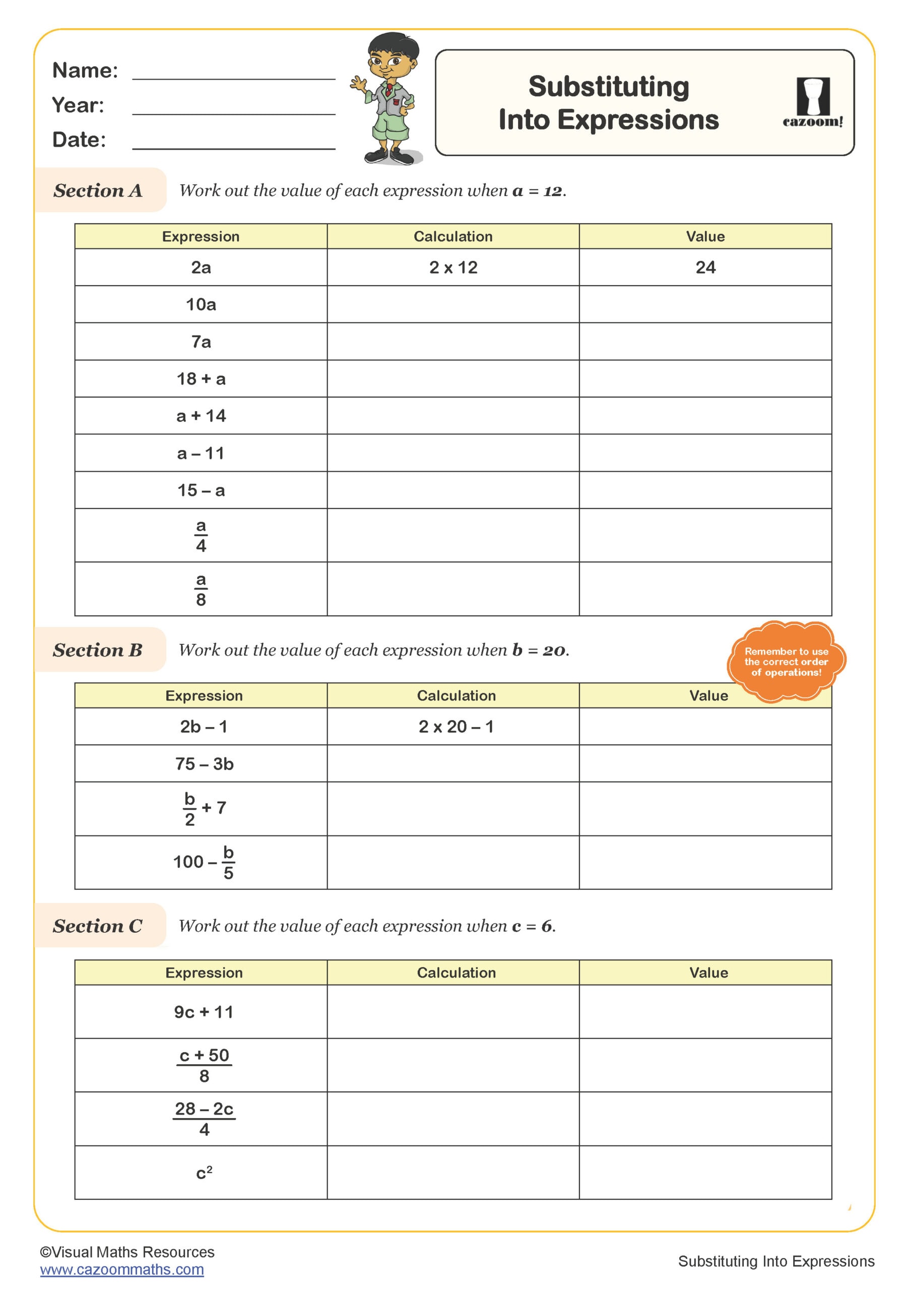 Preview of Substituting into Expressions