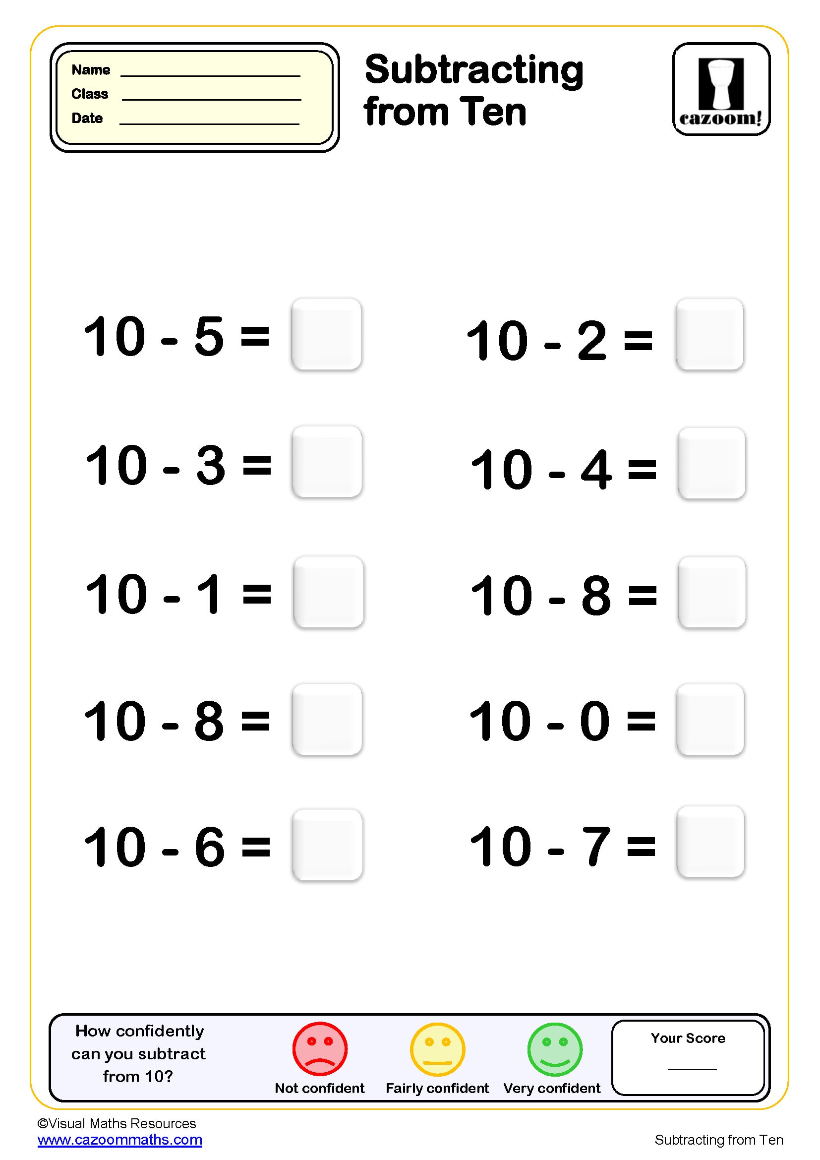 Preview of Subtracting from 10 Drills (10 questions)