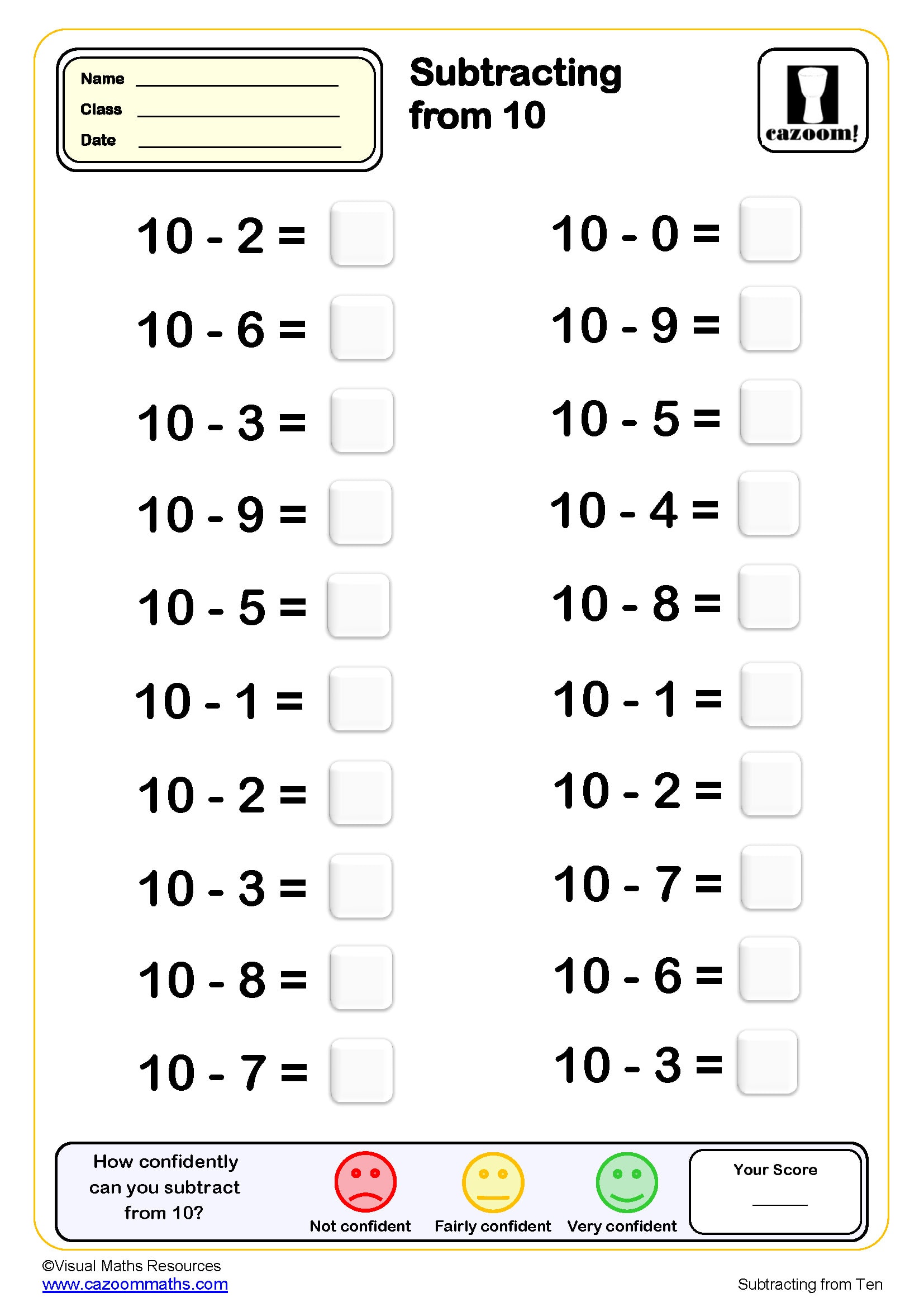 Preview of Subtracting from 10 Drills (20 questions)
