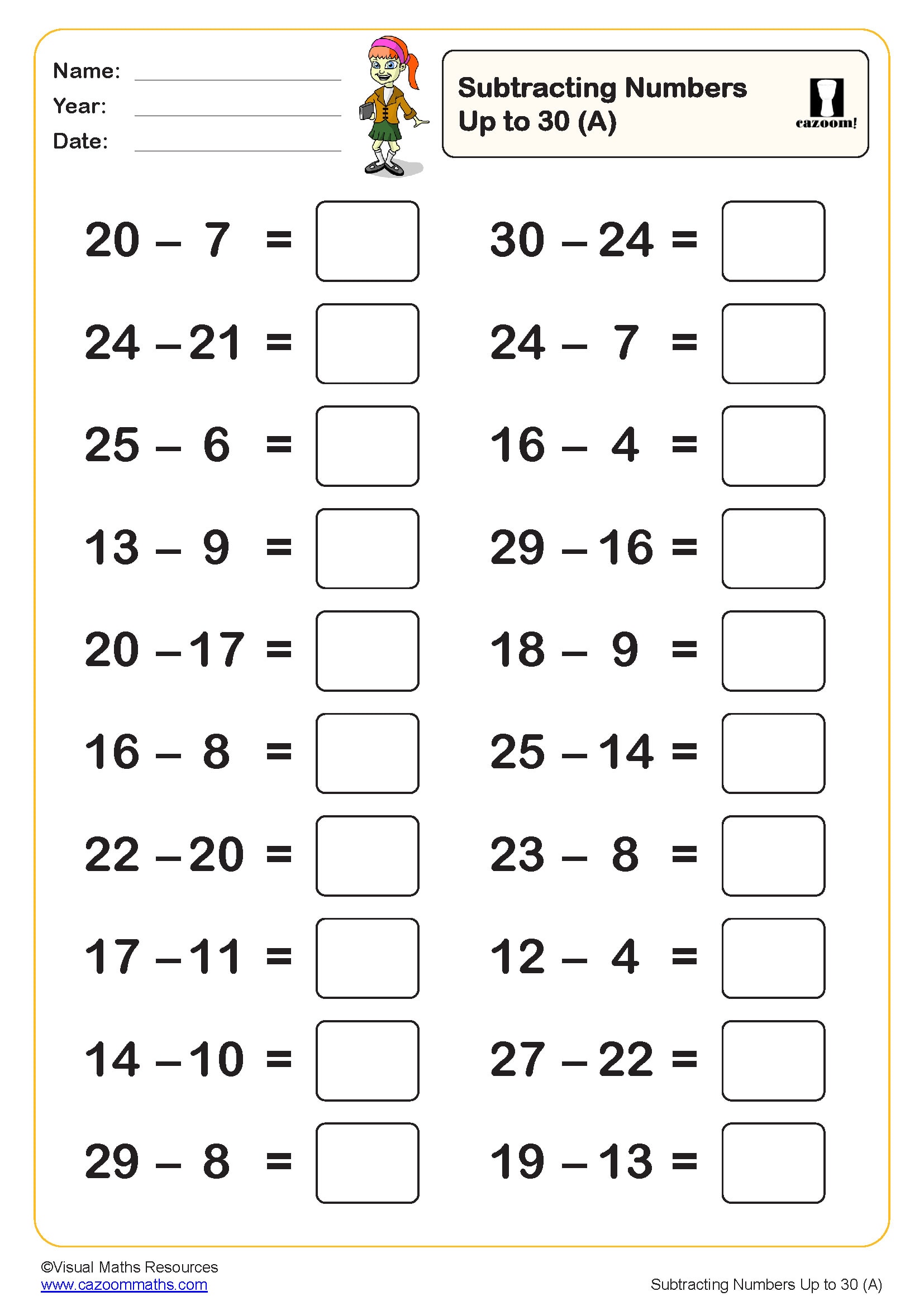 Preview of Subtracting Numbers Up to 30 (A)