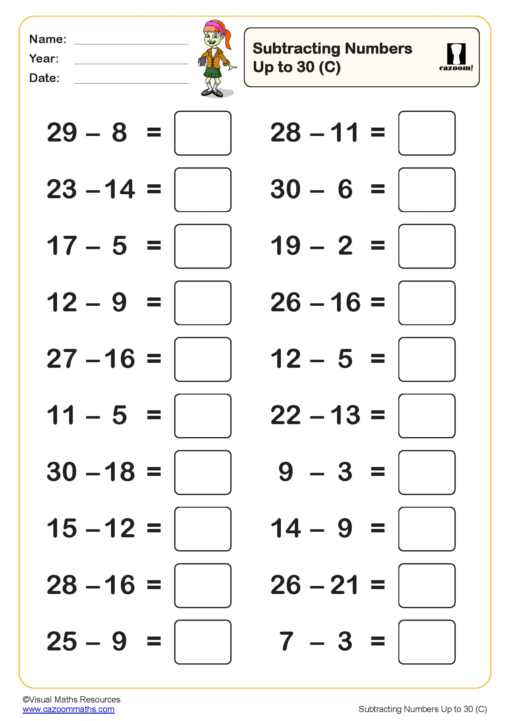 Preview of Subtracting Numbers Up to 30 (C)
