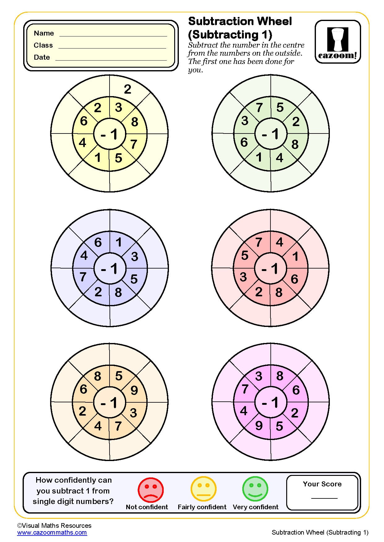 Subtraction Wheels Subtracting 1 Worksheet