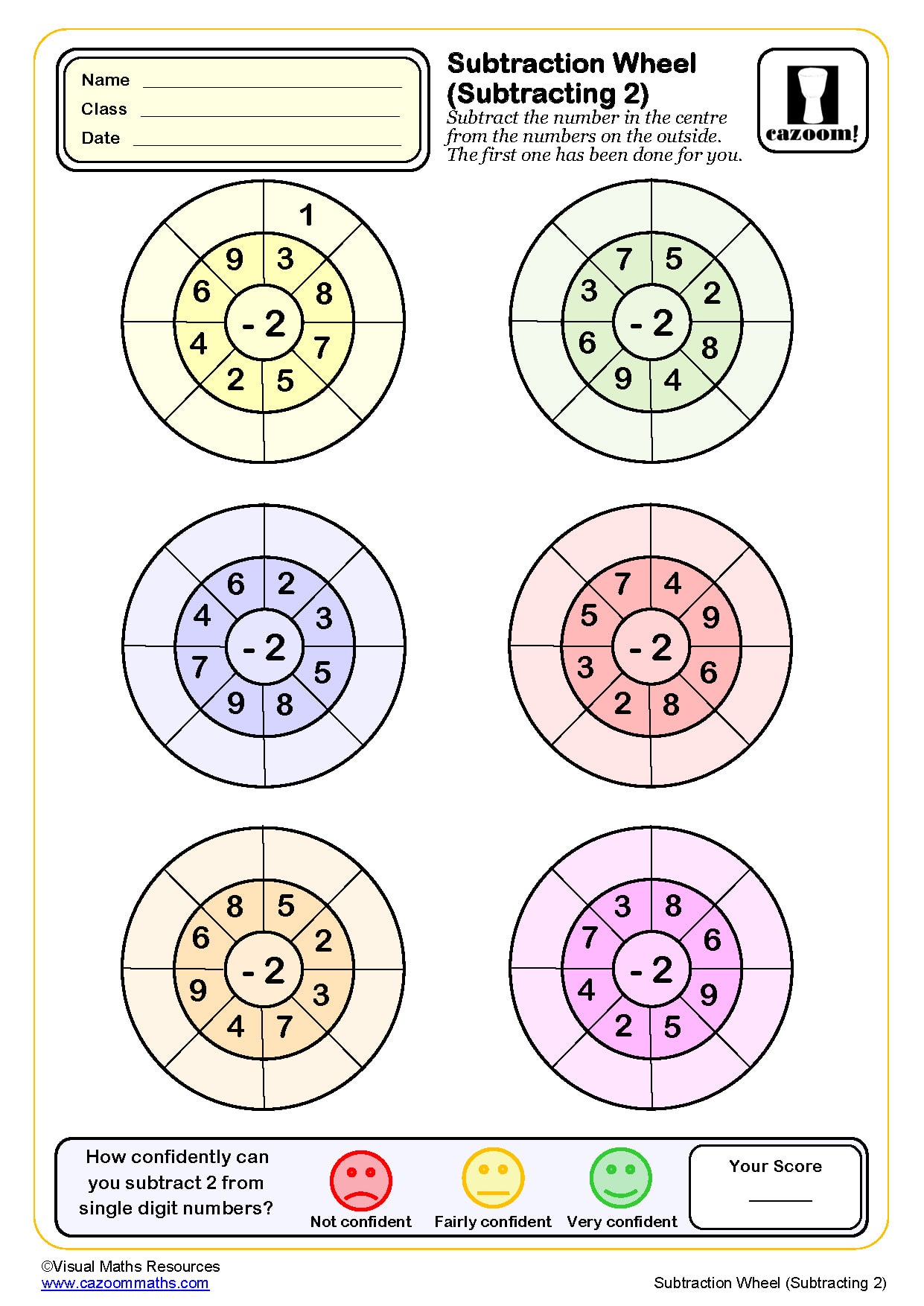 Subtraction Wheels Subtracting 2 Worksheet