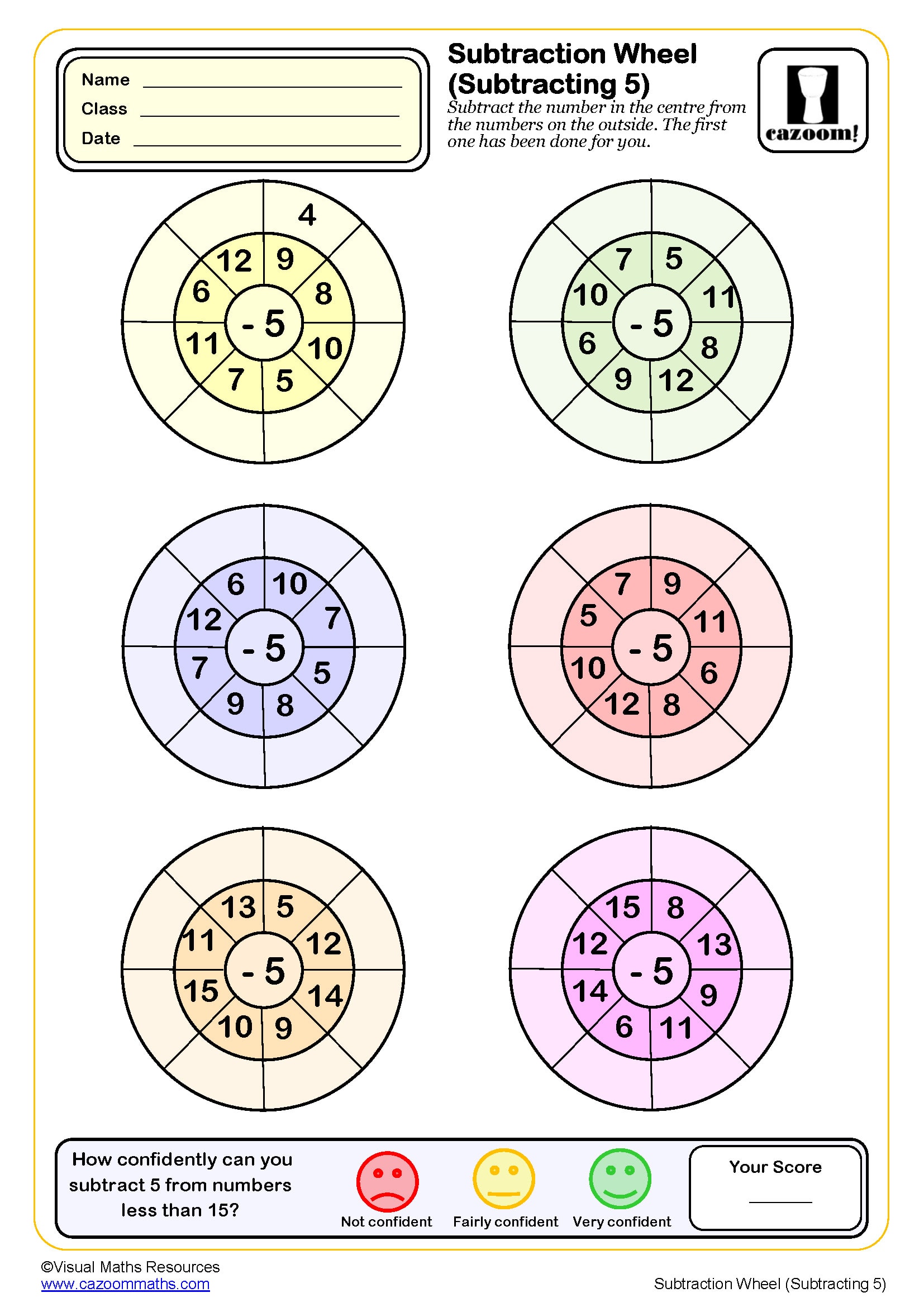Subtraction Wheels Subtracting 5 Worksheet