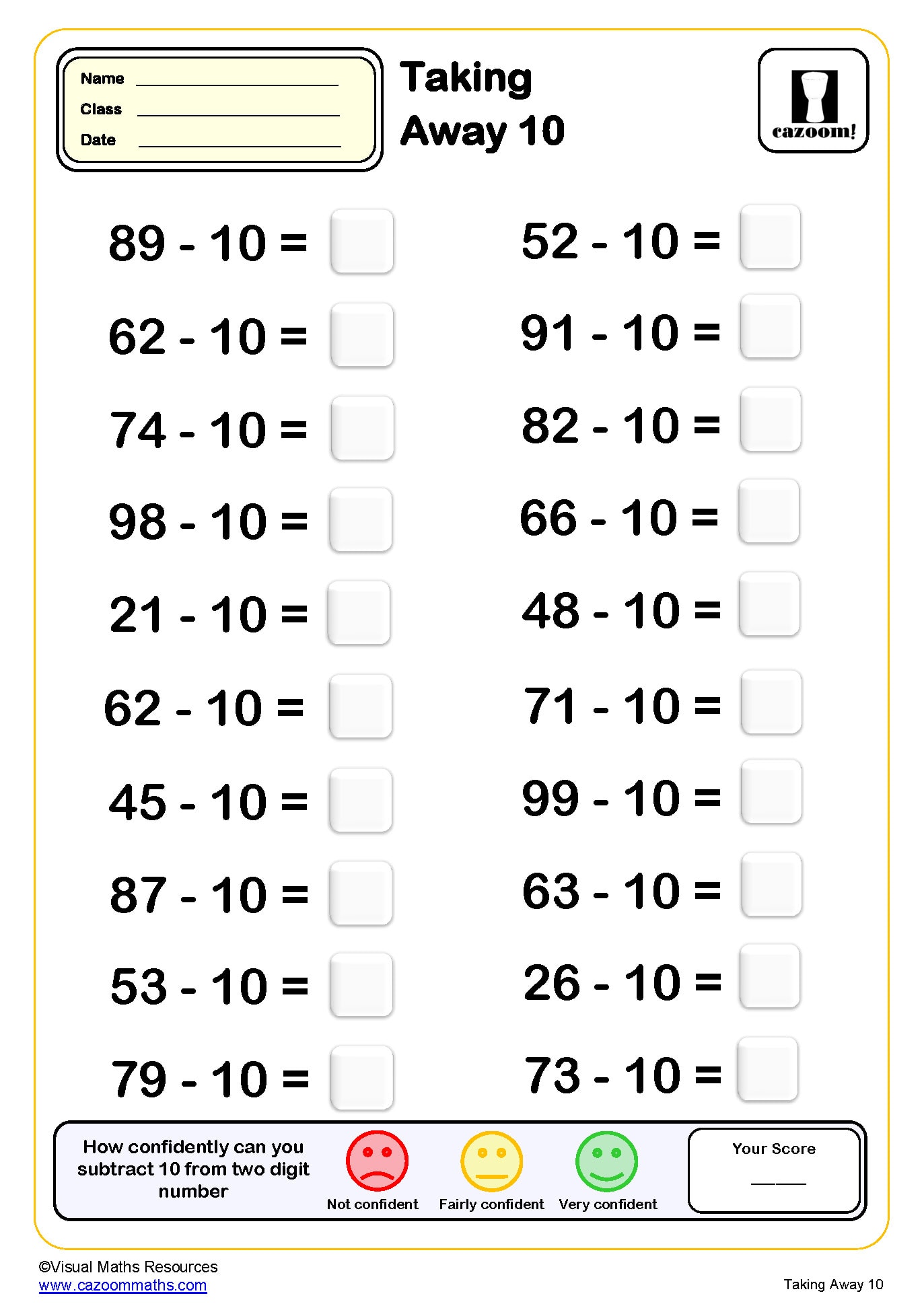 Taking Away 10 20 Questions Worksheet