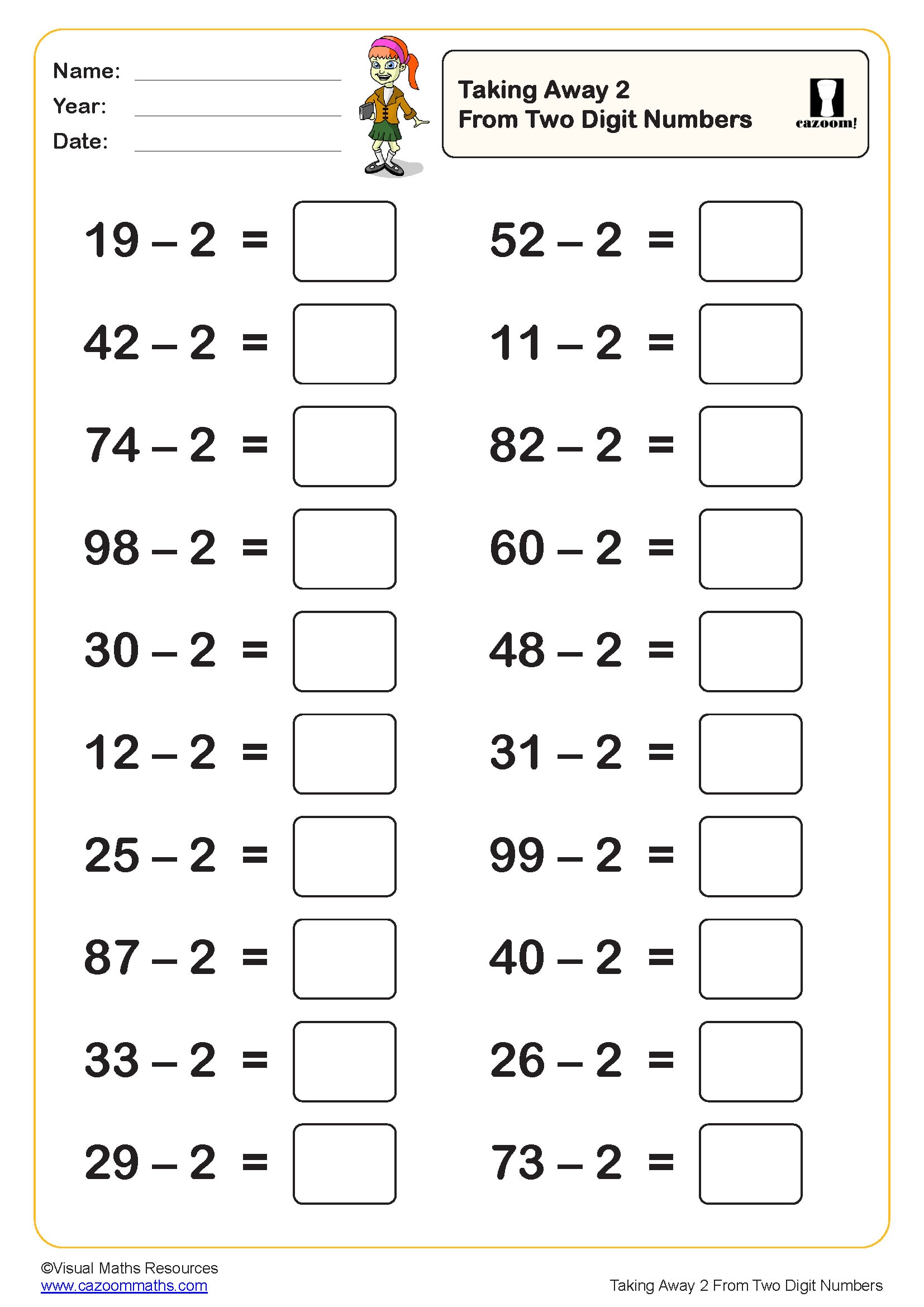 Taking Away 2 From Two Digit Numbers 20 Questions Worksheet
