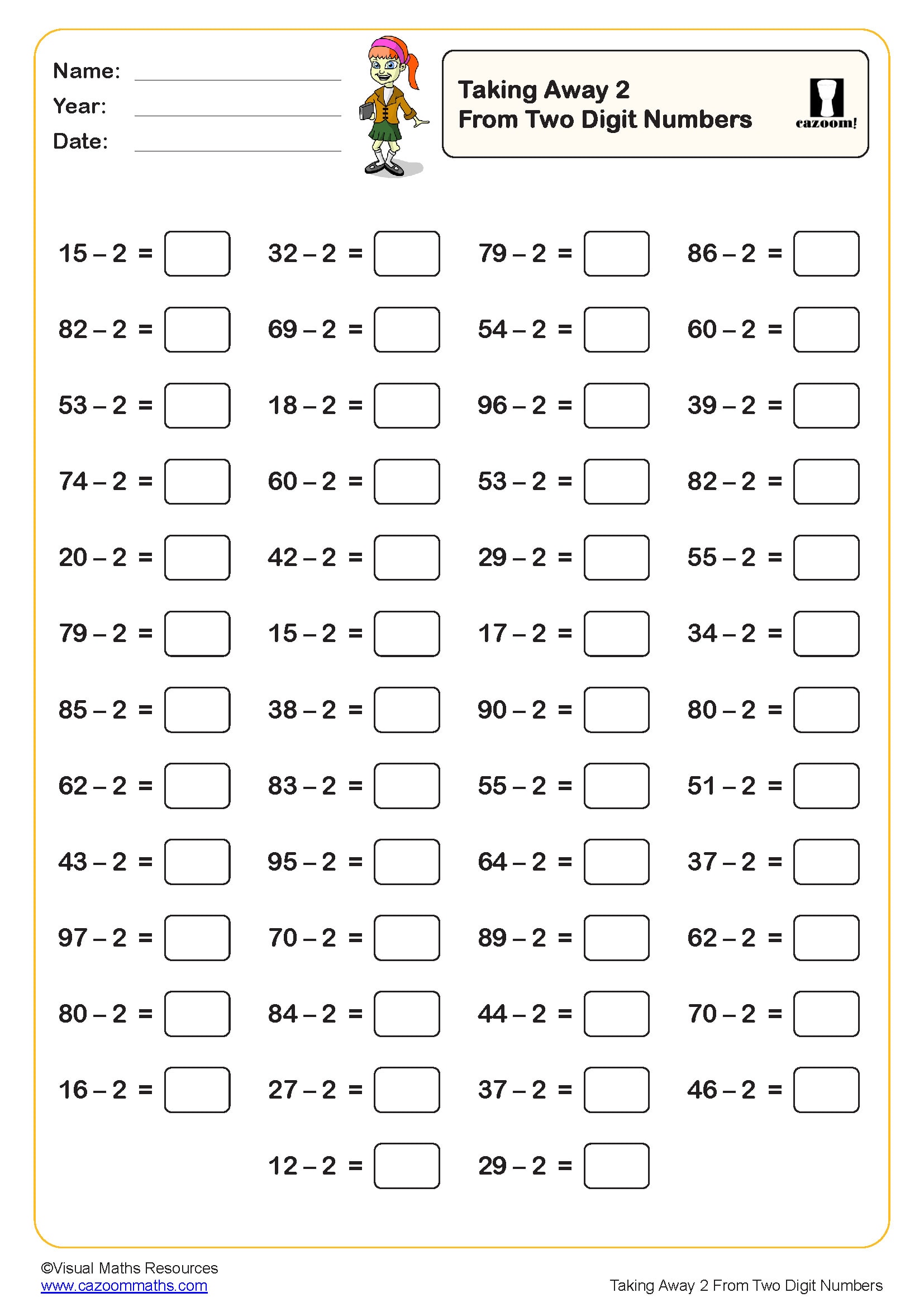 Preview of Taking Away 2 from two digit numbers (50 questions)