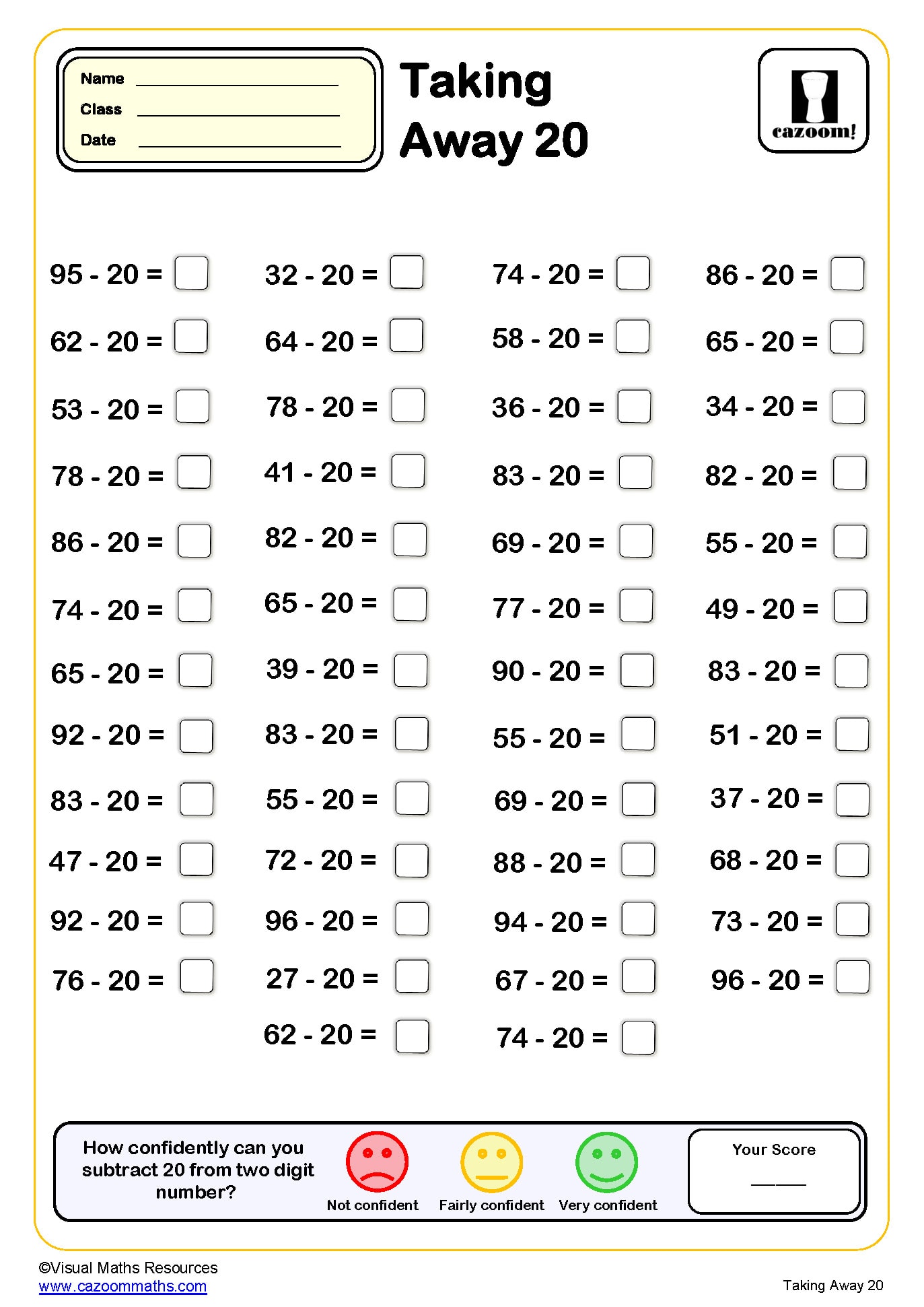 Preview of Taking Away 20 (50 questions)