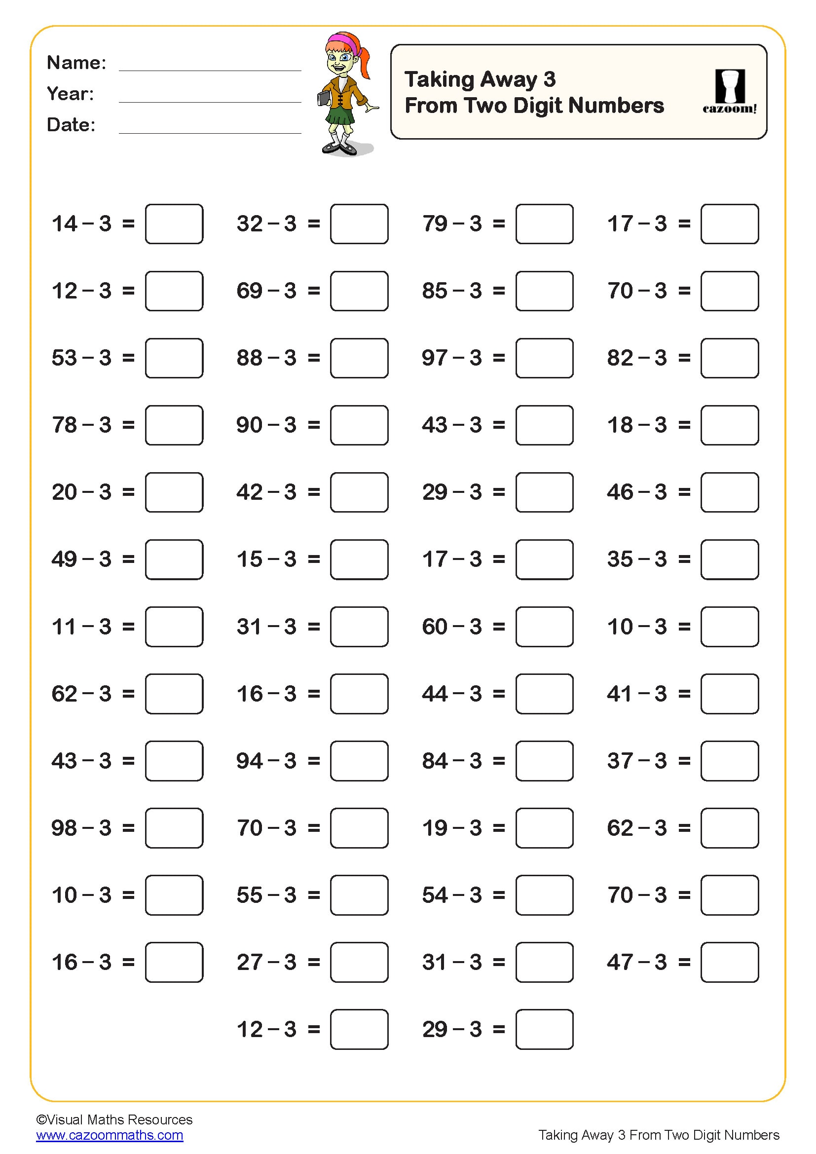 Preview of Taking Away 3 from Two Digit Numbers (50 questions)
