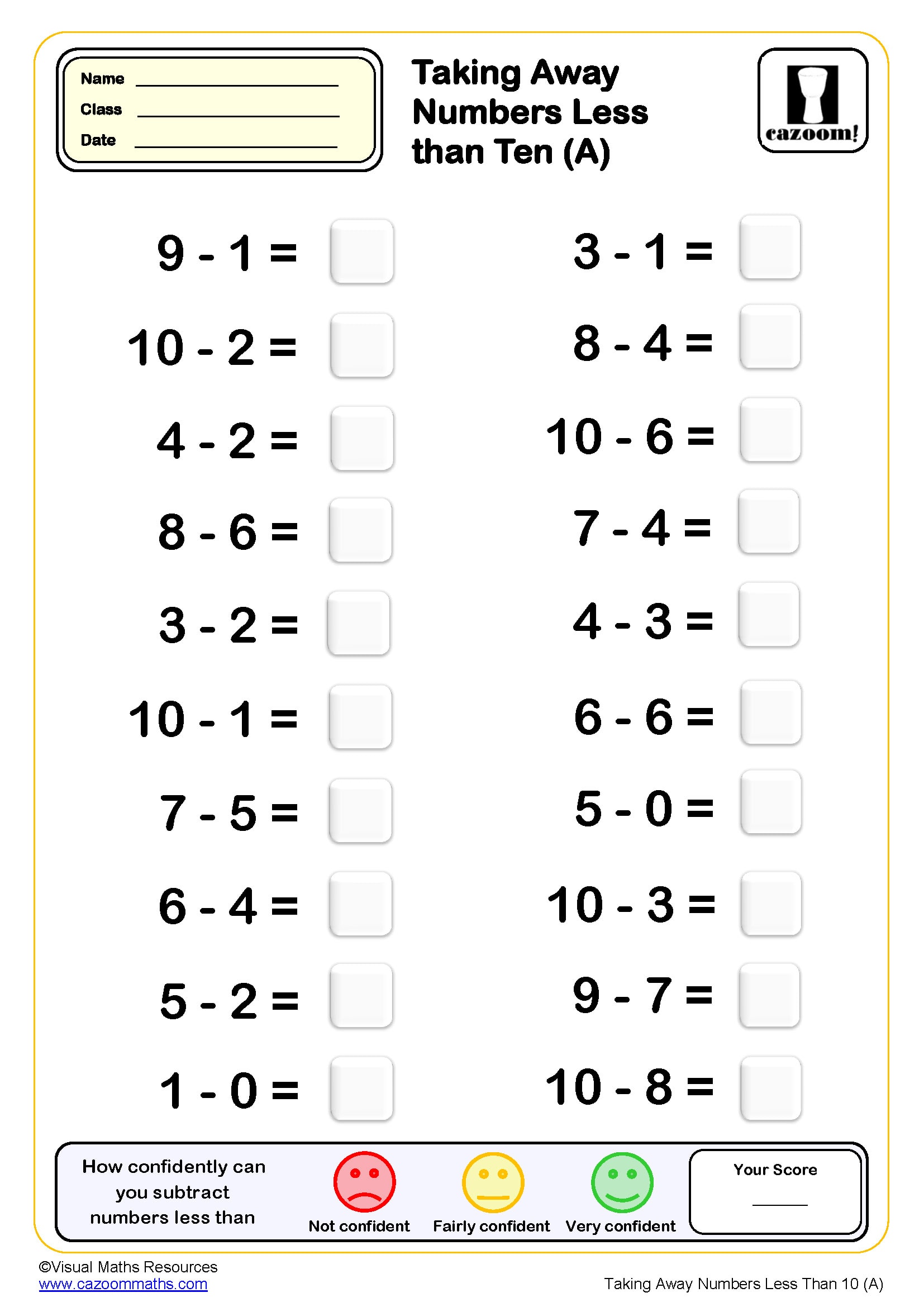 Preview of Taking Away Numbers Less Than 10 (A)