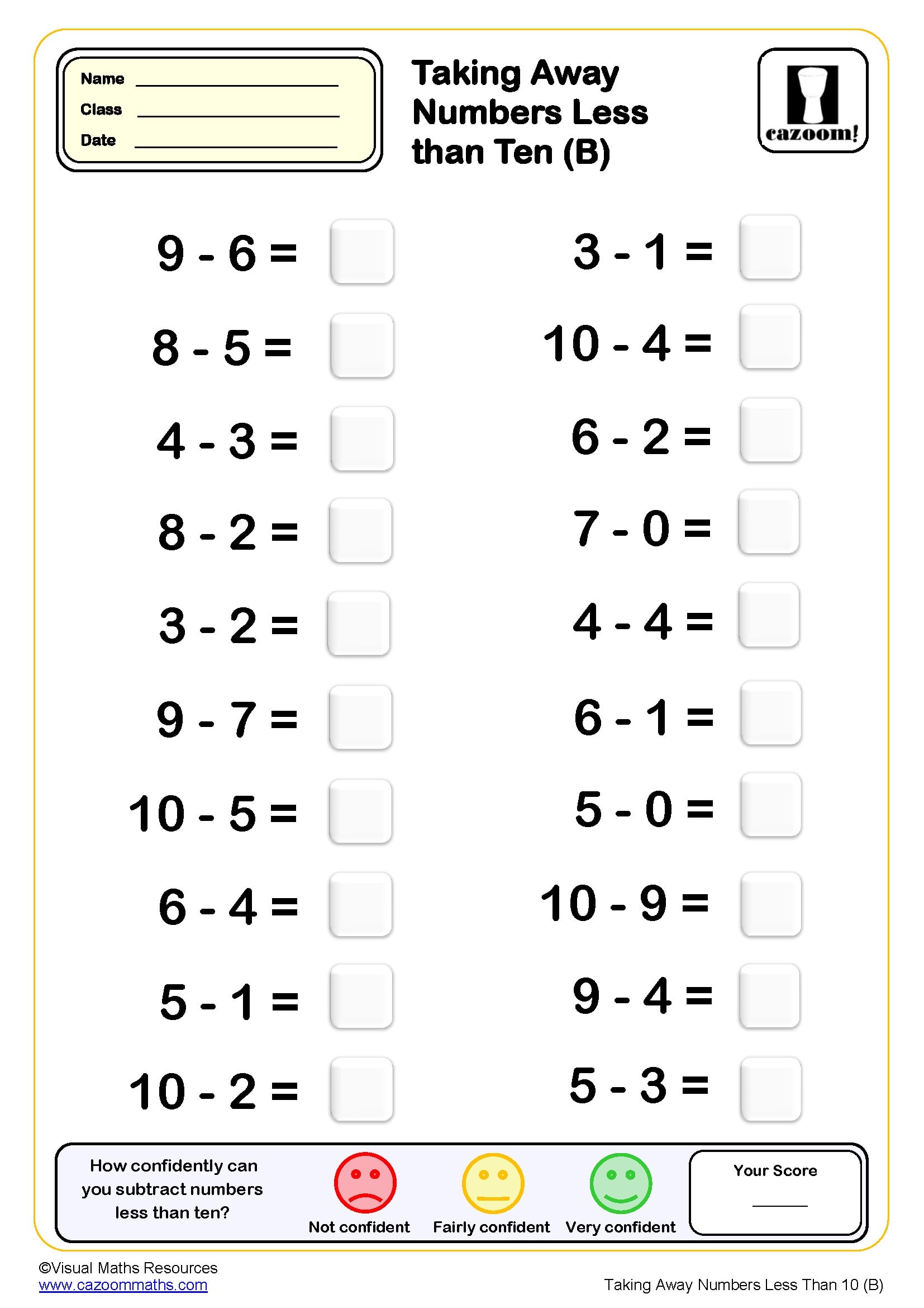 Preview of Taking Away Numbers Less Than 10 (B)