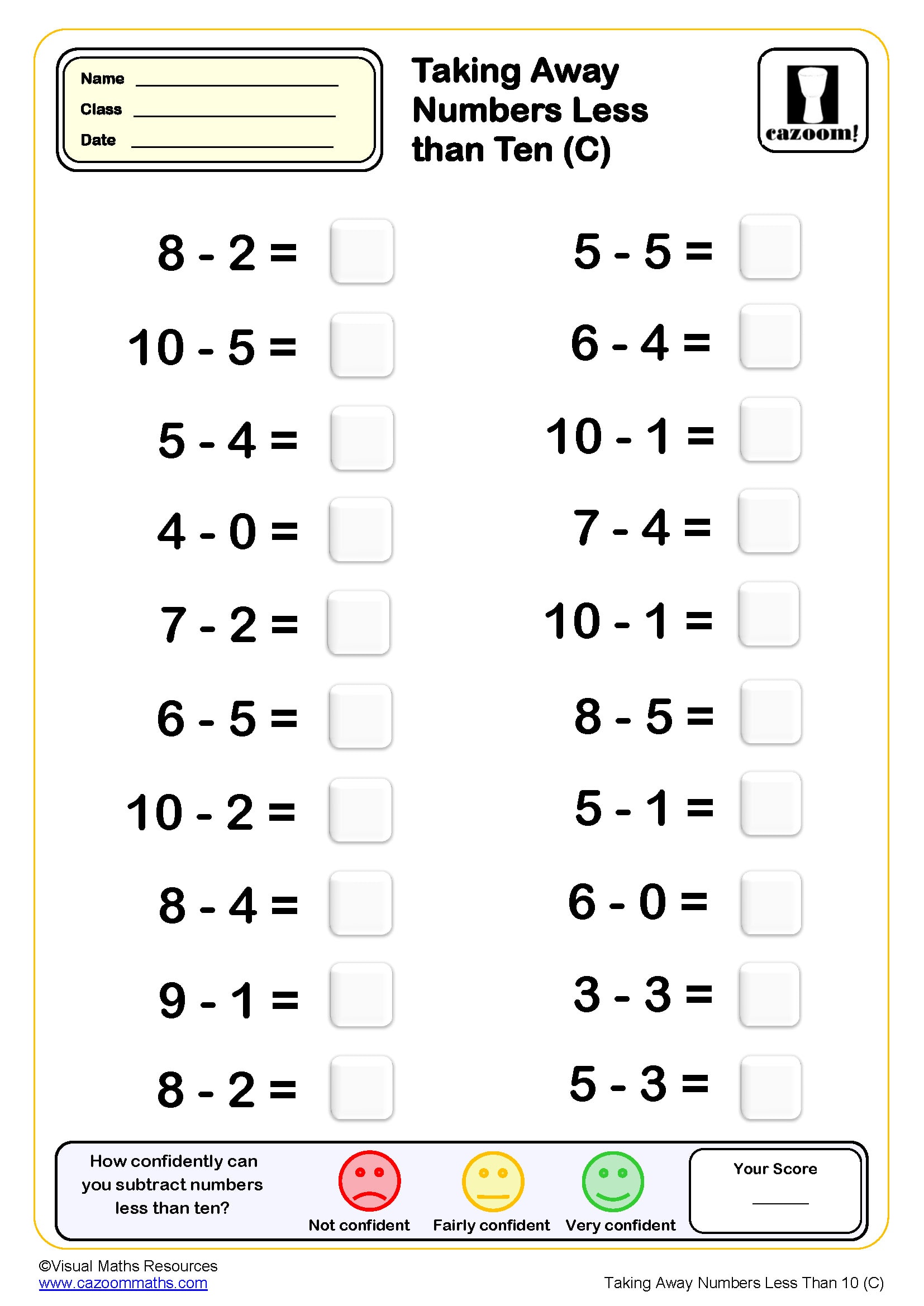 Taking Away Numbers Less Than 10 C Worksheet