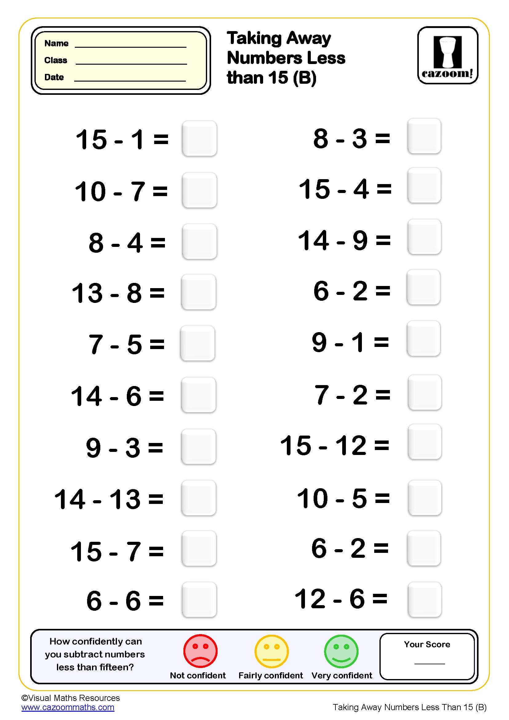 Preview of Taking Away Numbers Less Than 15 (B)
