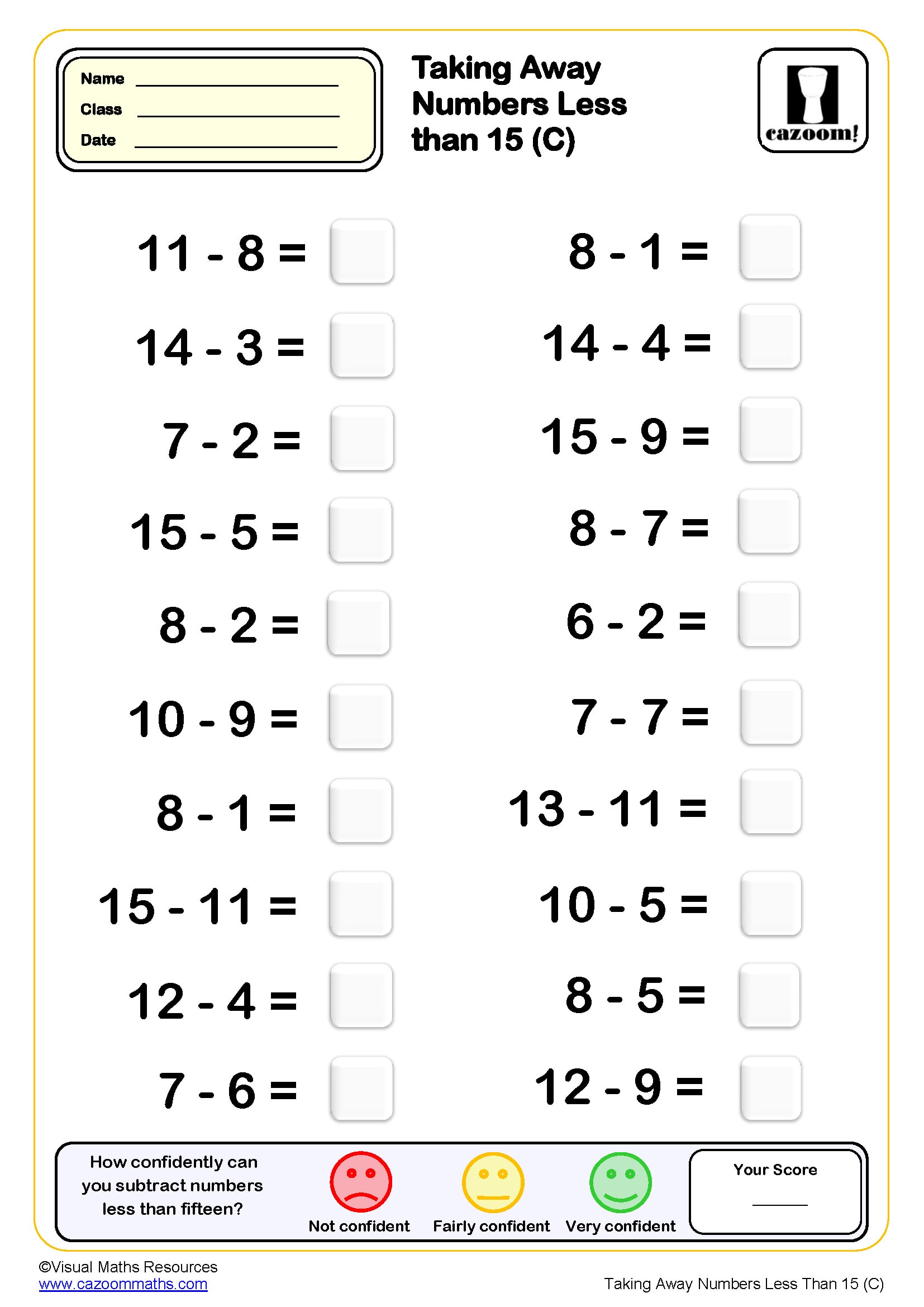 Preview of Taking Away Numbers Less Than 15 (C)