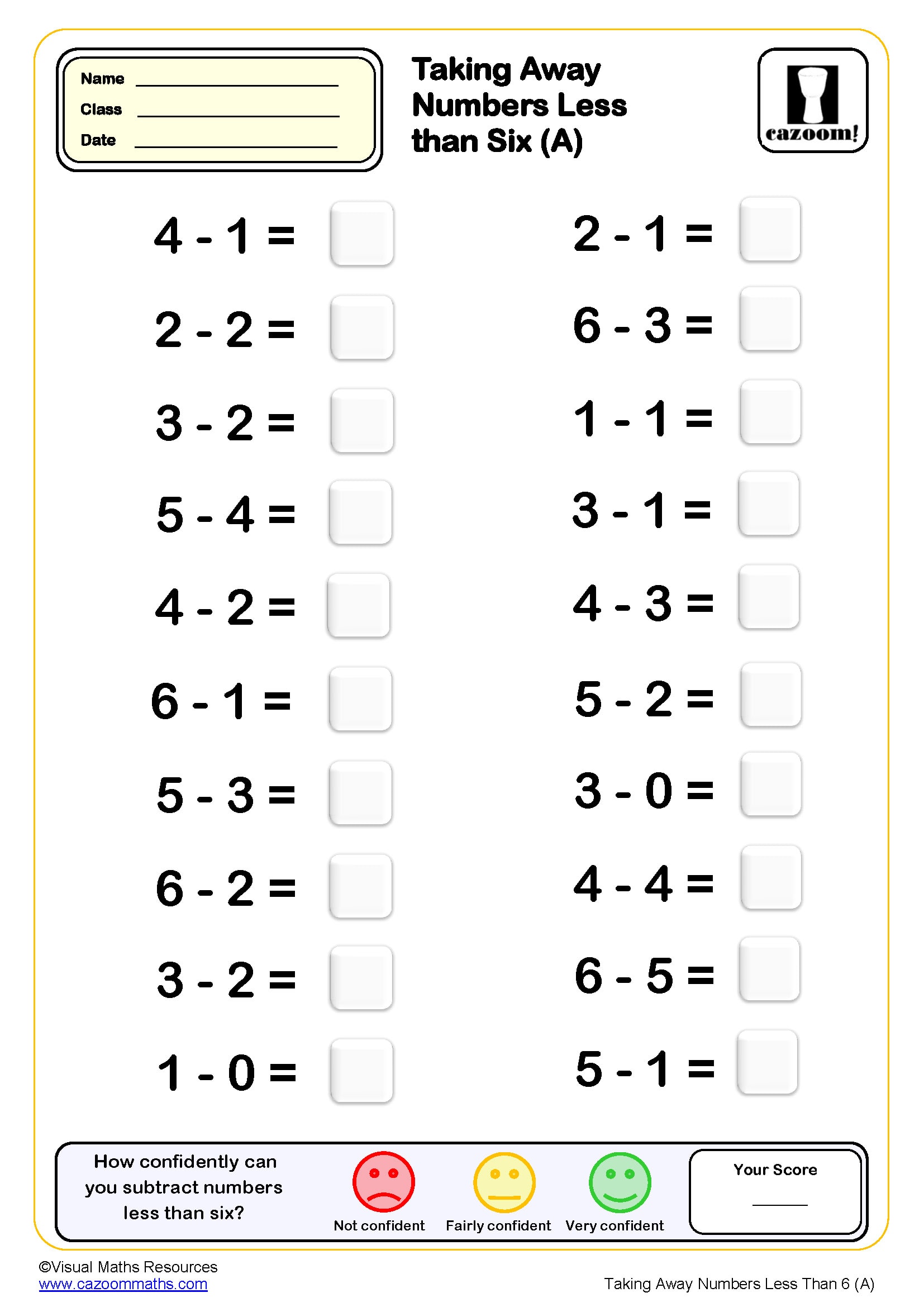Preview of Taking Away Numbers Less Than 6 (A)