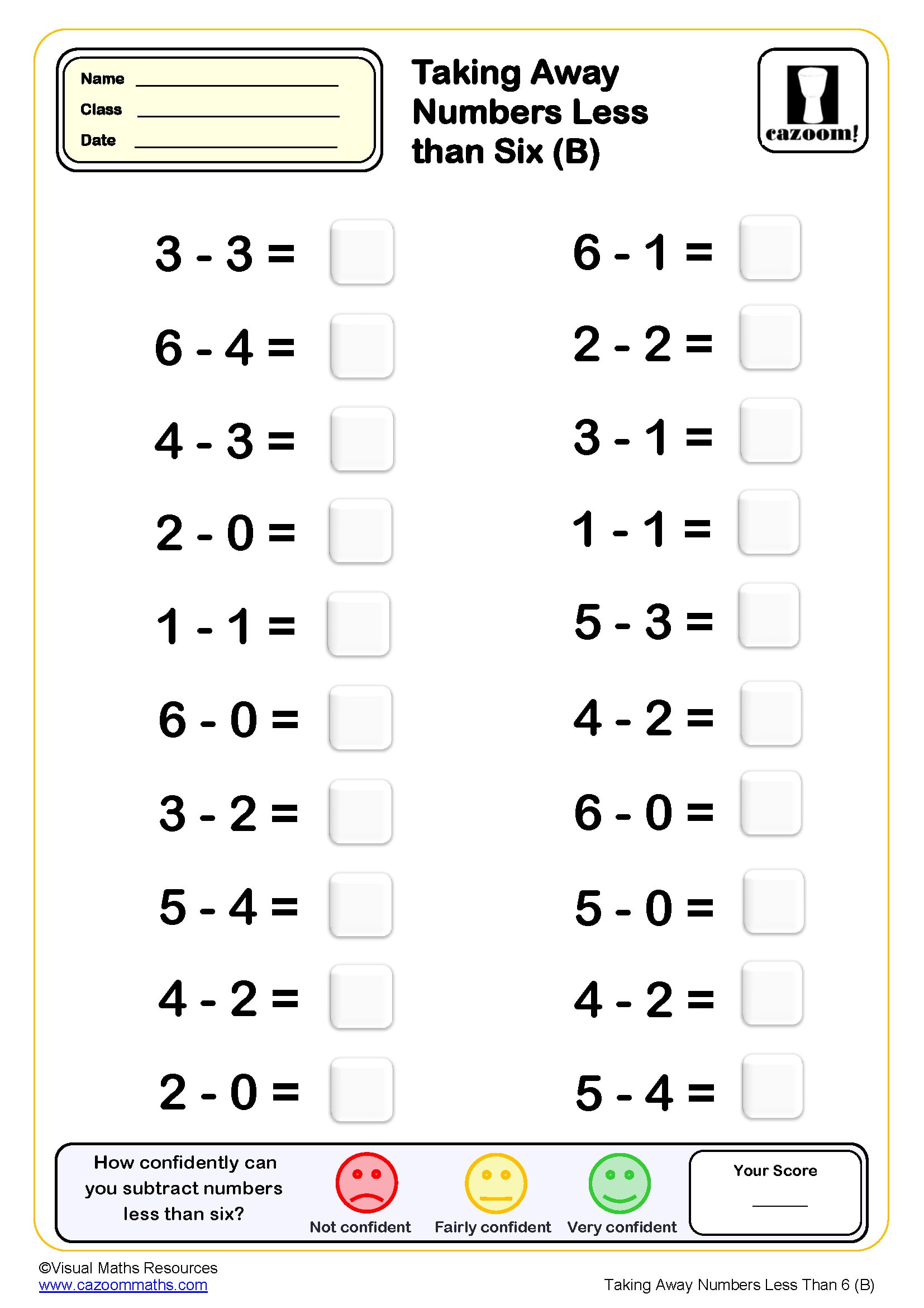 Preview of Taking Away Numbers Less Than 6 (B)