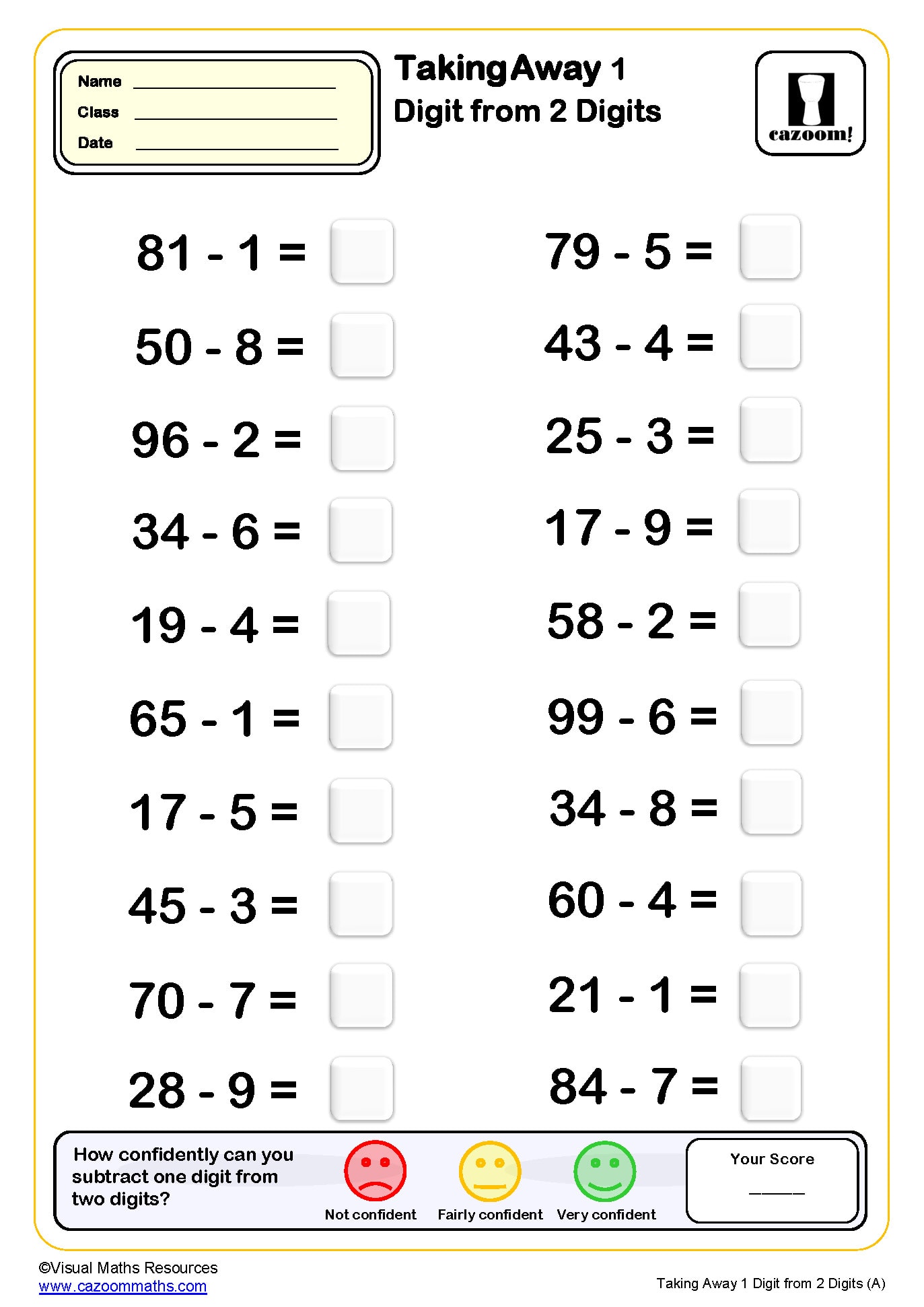 Taking Away One Digit From Two Digits A Worksheet 1
