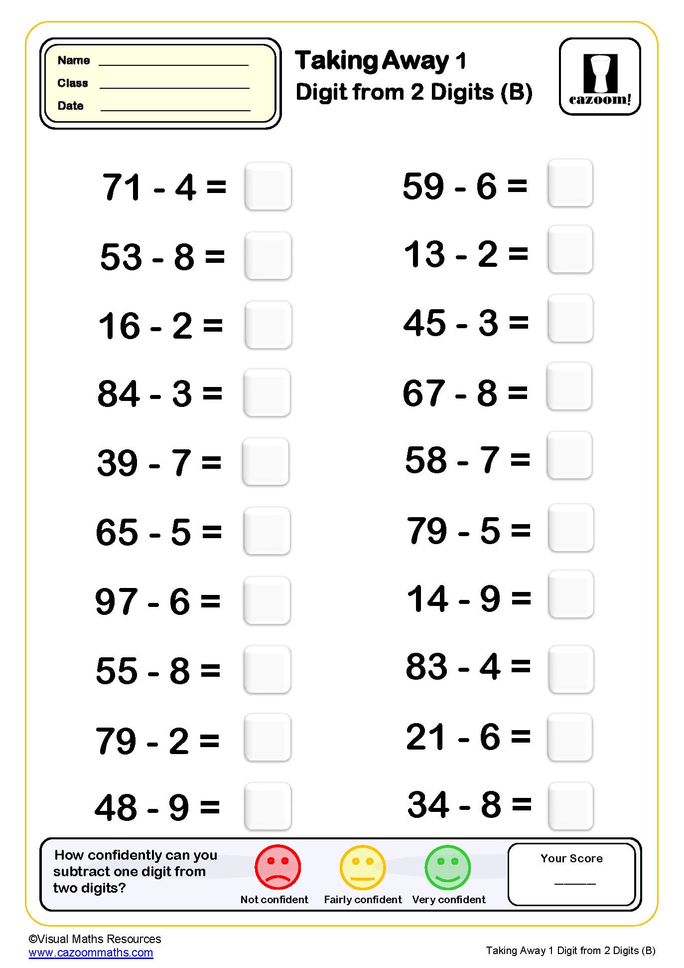 Taking Away One Digit From Two Digits B Worksheet
