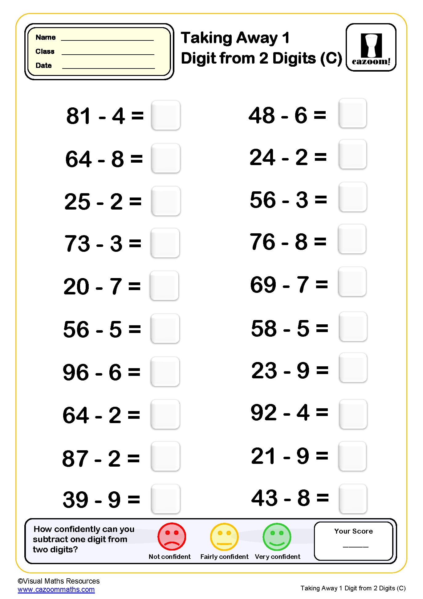 Taking Away One Digit From Two Digits C Worksheet