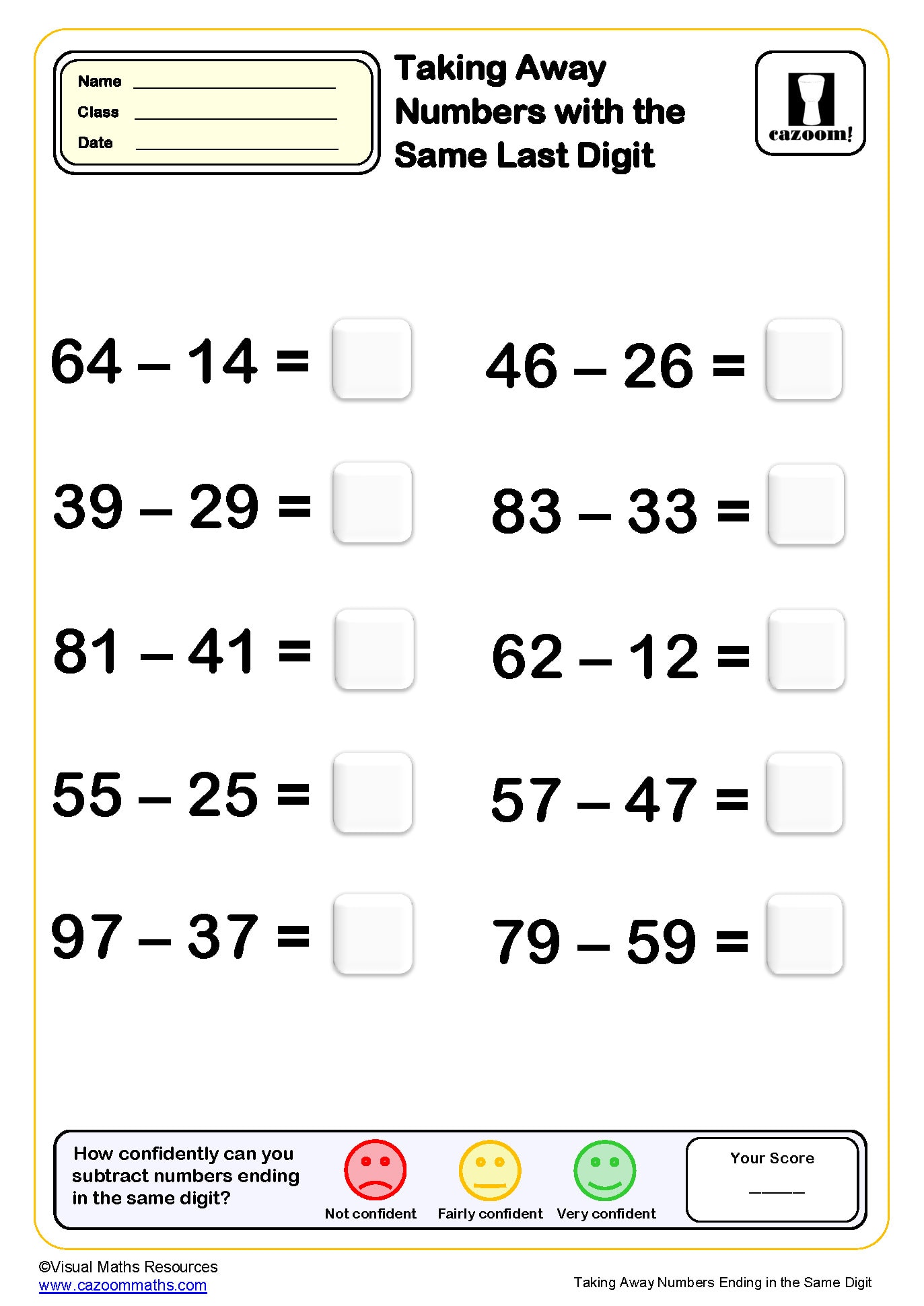 Preview of Taking Away Numbers with the Same Last Digit (10 questions)