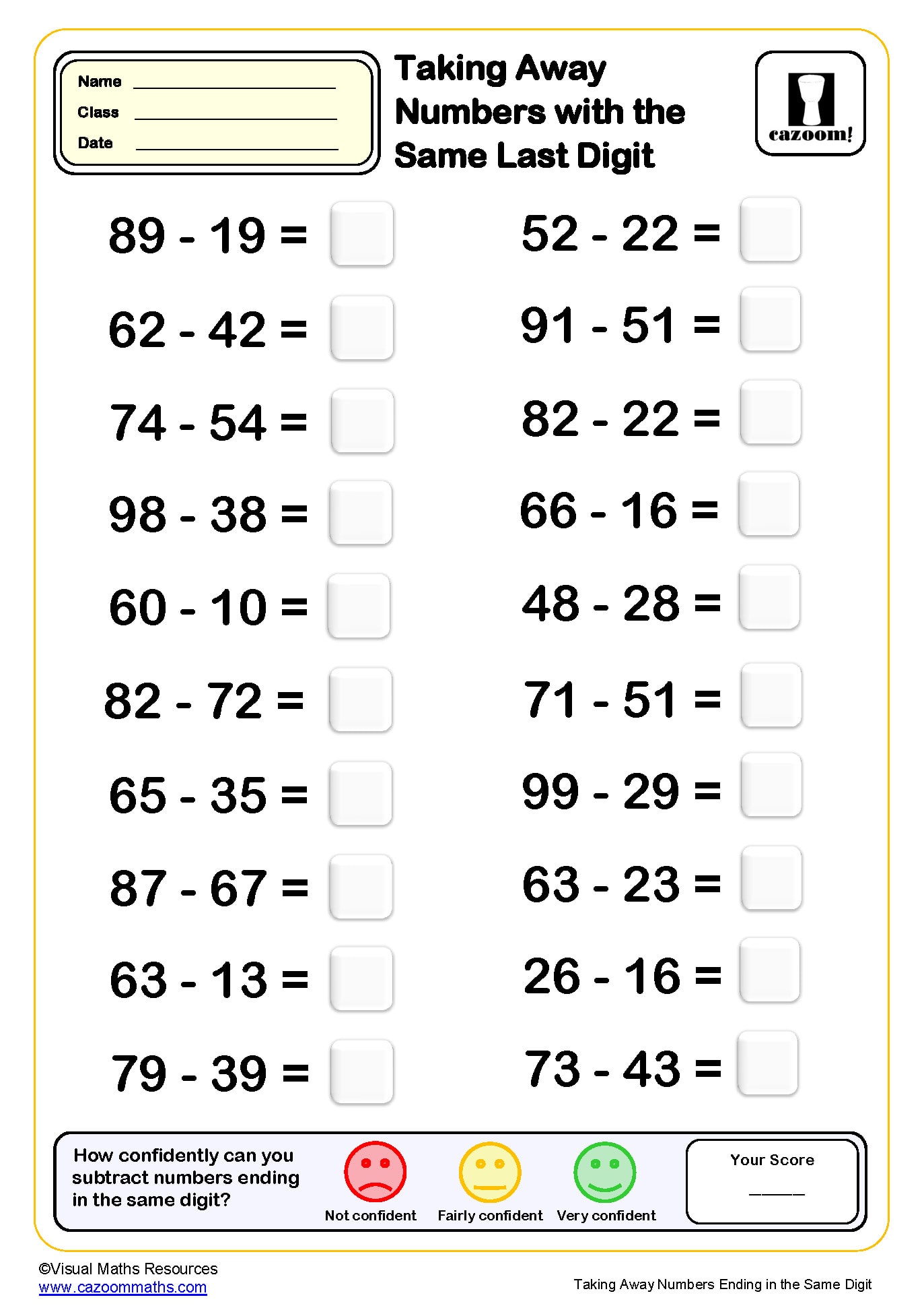 Preview of Taking Away Numbers with the Same Last Digit (20 questions)