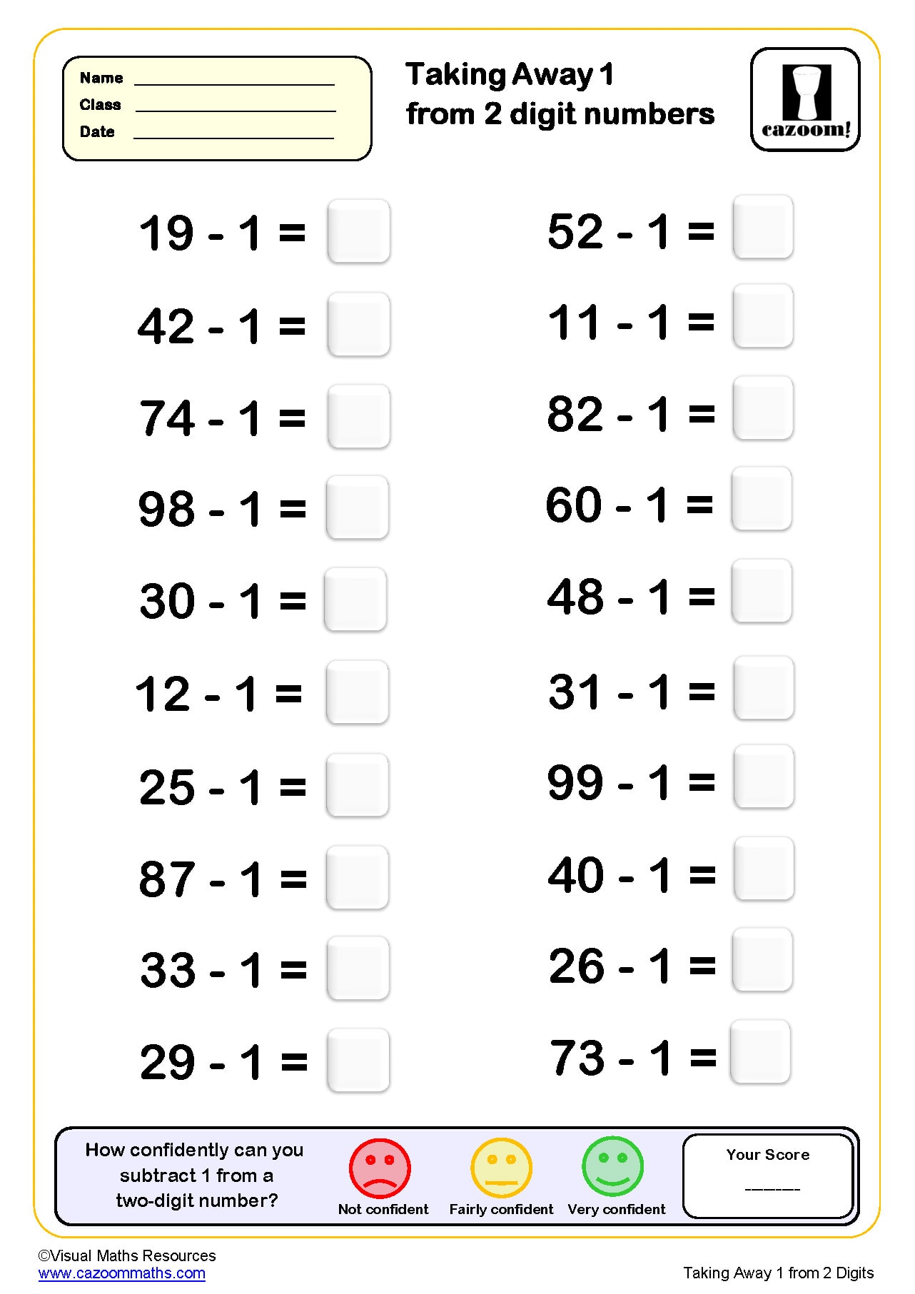 Taking Away 1 from two digit numbers Worksheet (20 questions) | PDF ...
