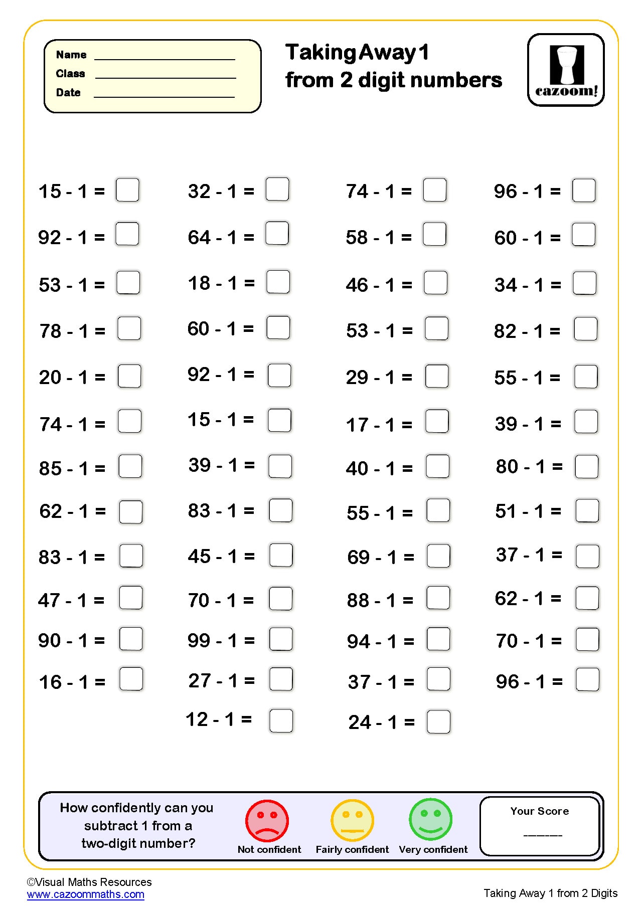 Preview of Taking Away 1 from two digit numbers (50 questions)