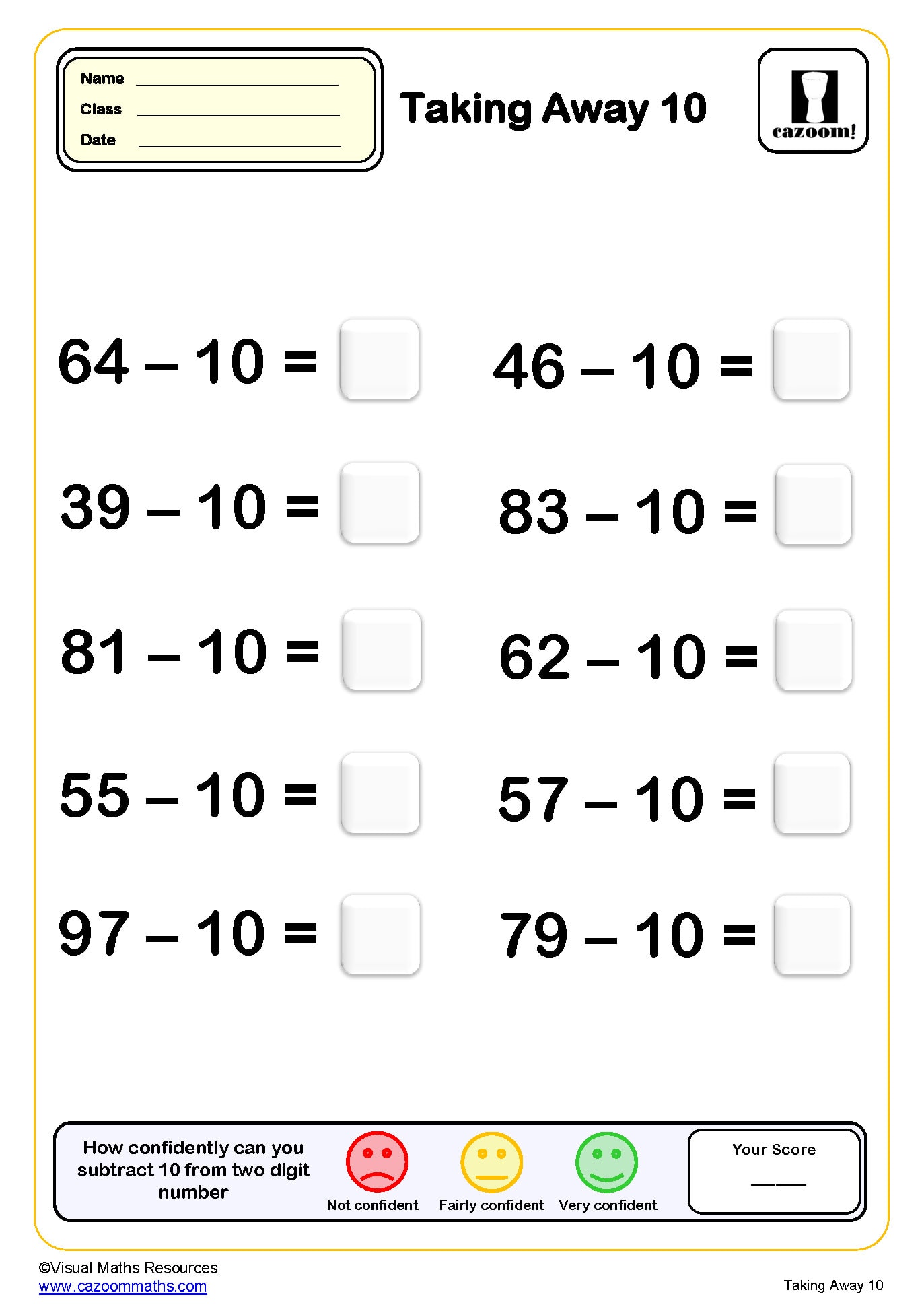Preview of Taking Away 3 from Two Digit Numbers (10 questions)