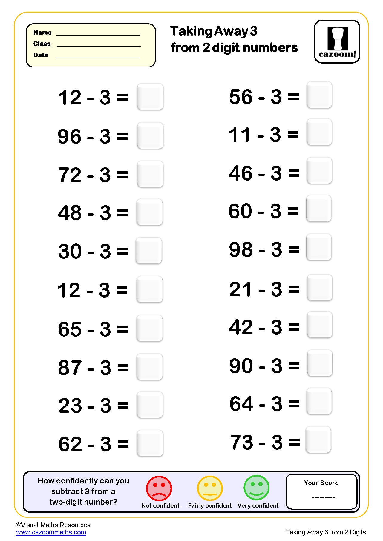 Taking Away 3 From 2 Digit Numbers 20 Questions Worksheet