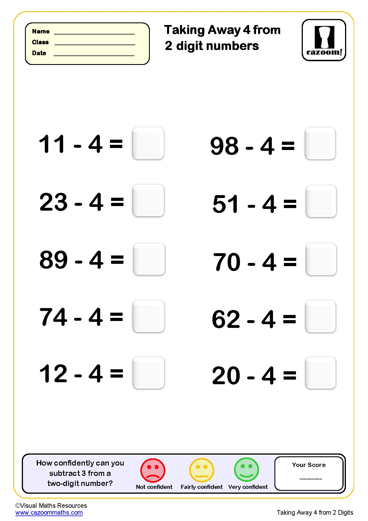 Preview of Taking Away 4 from Two Digit Numbers (10 questions)