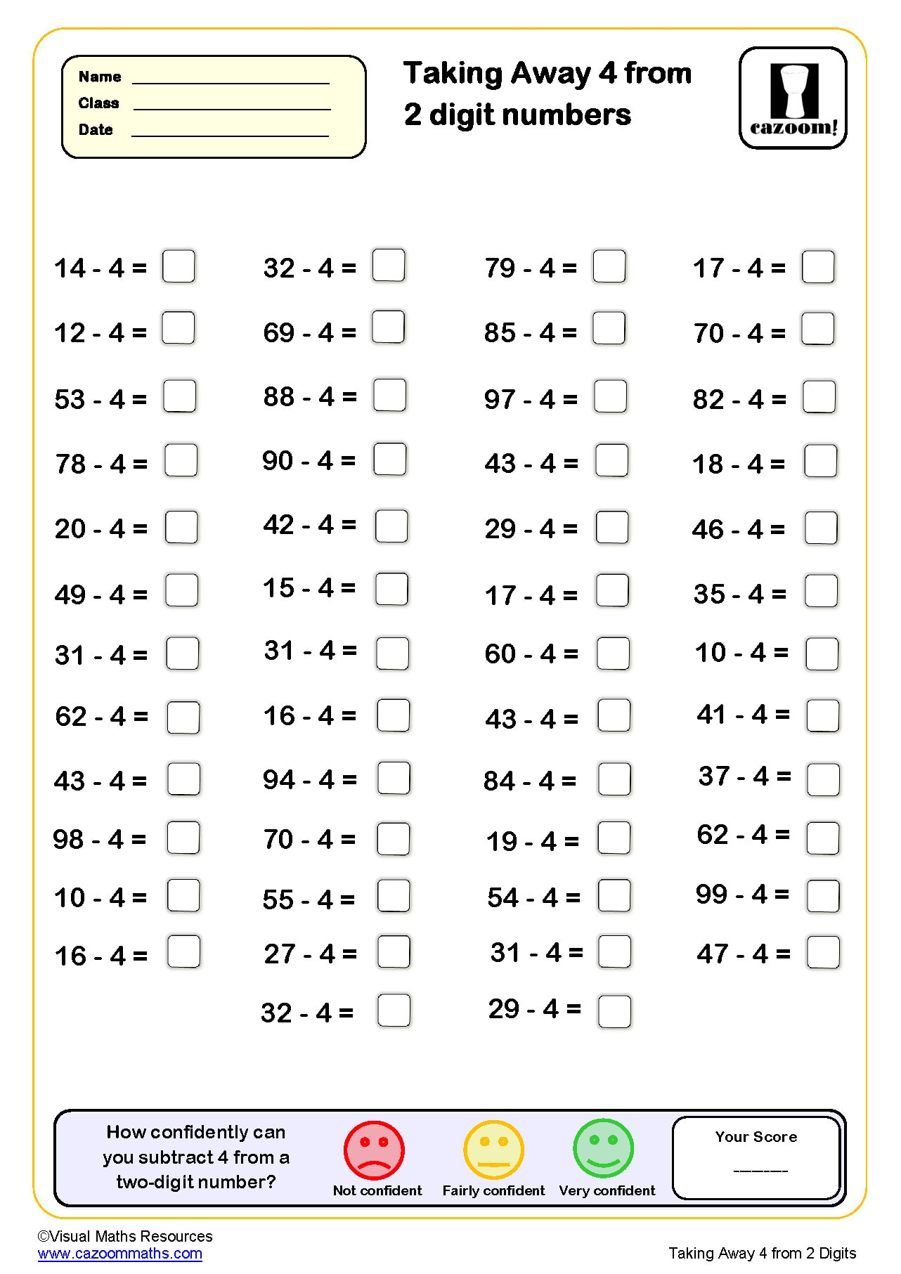 Preview of Taking Away 4 from Two Digit Numbers (50 questions)