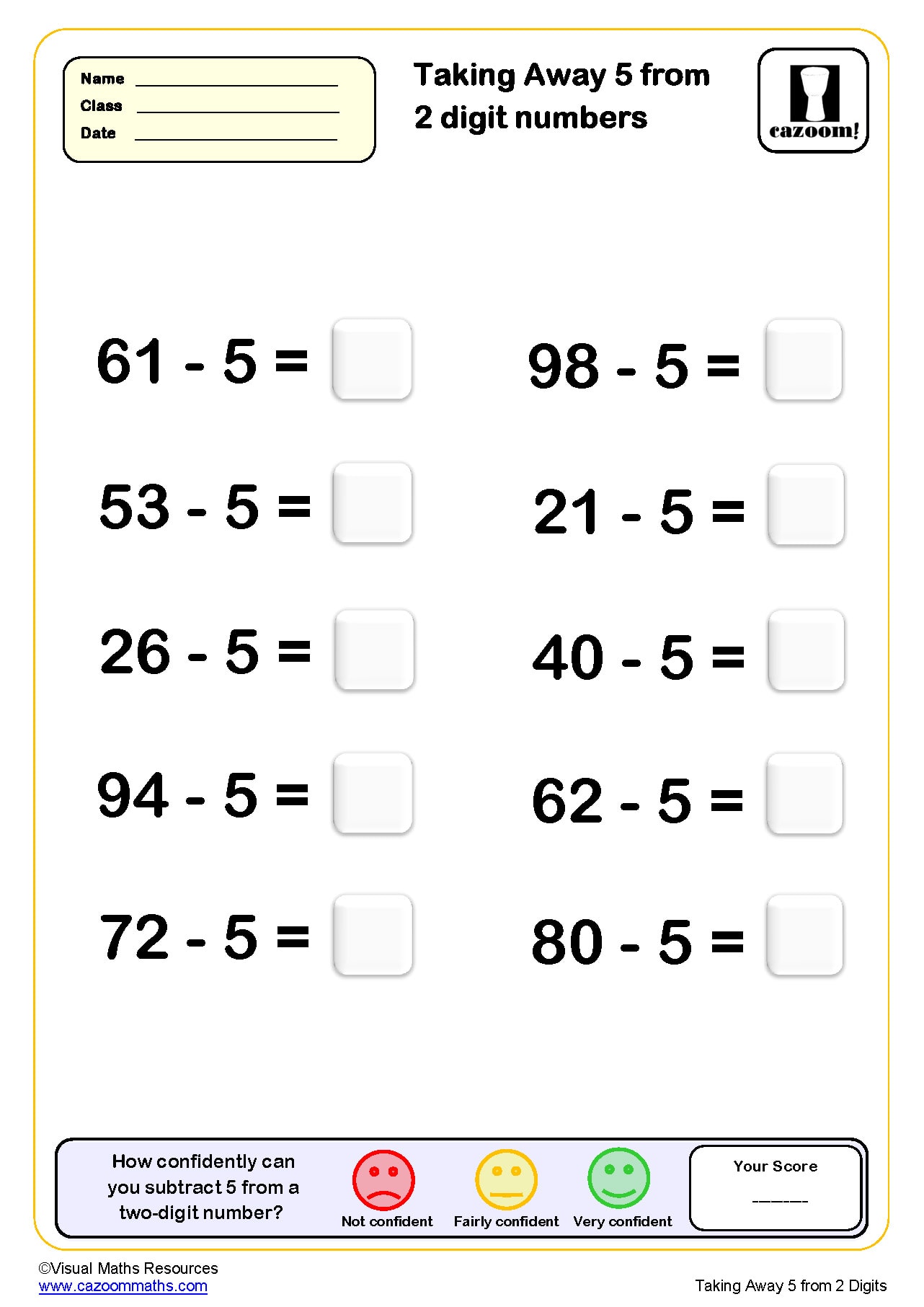 Taking Away 5 From 2 Digit Numbers 10 Questions Worksheet