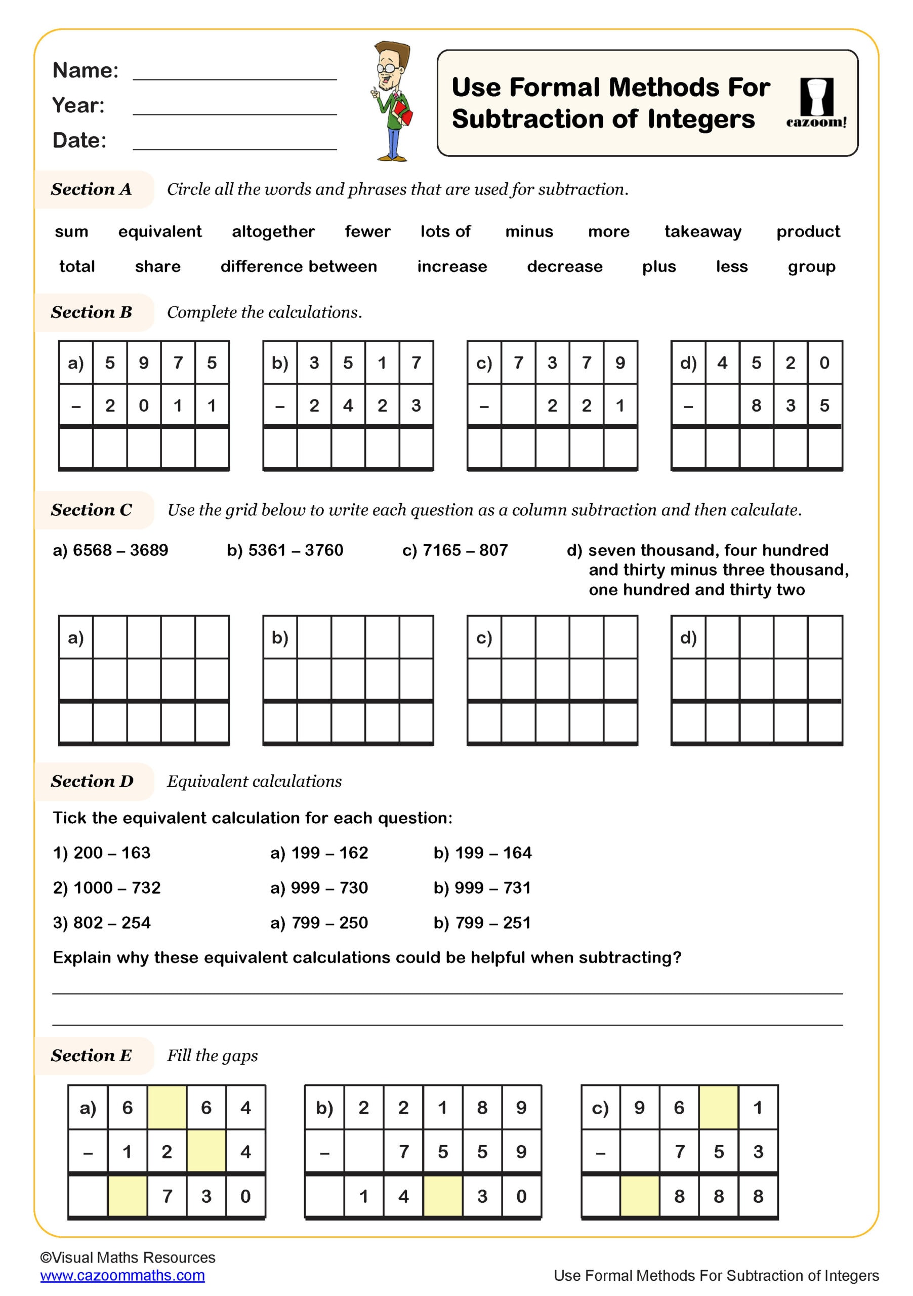 Use Formal Methods For Subtraction Of Integers Worksheet Scaled