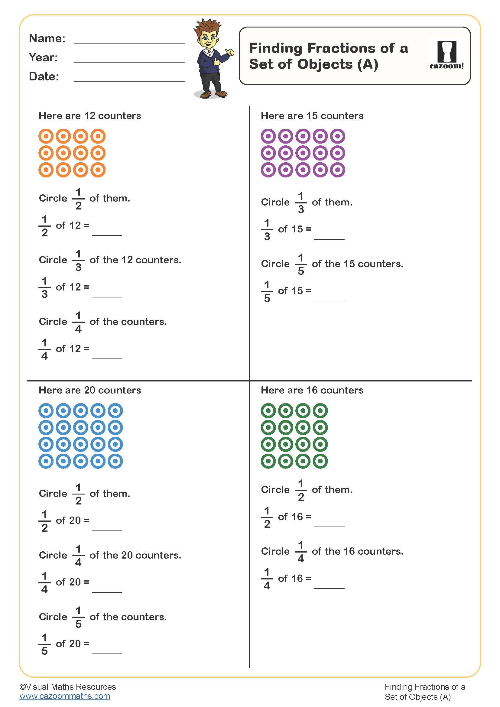 Preview of Finding fractions of a set of objects (A)