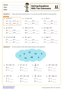 Solving Equations with Two Unknowns Worksheet | PDF printable Algebra ...