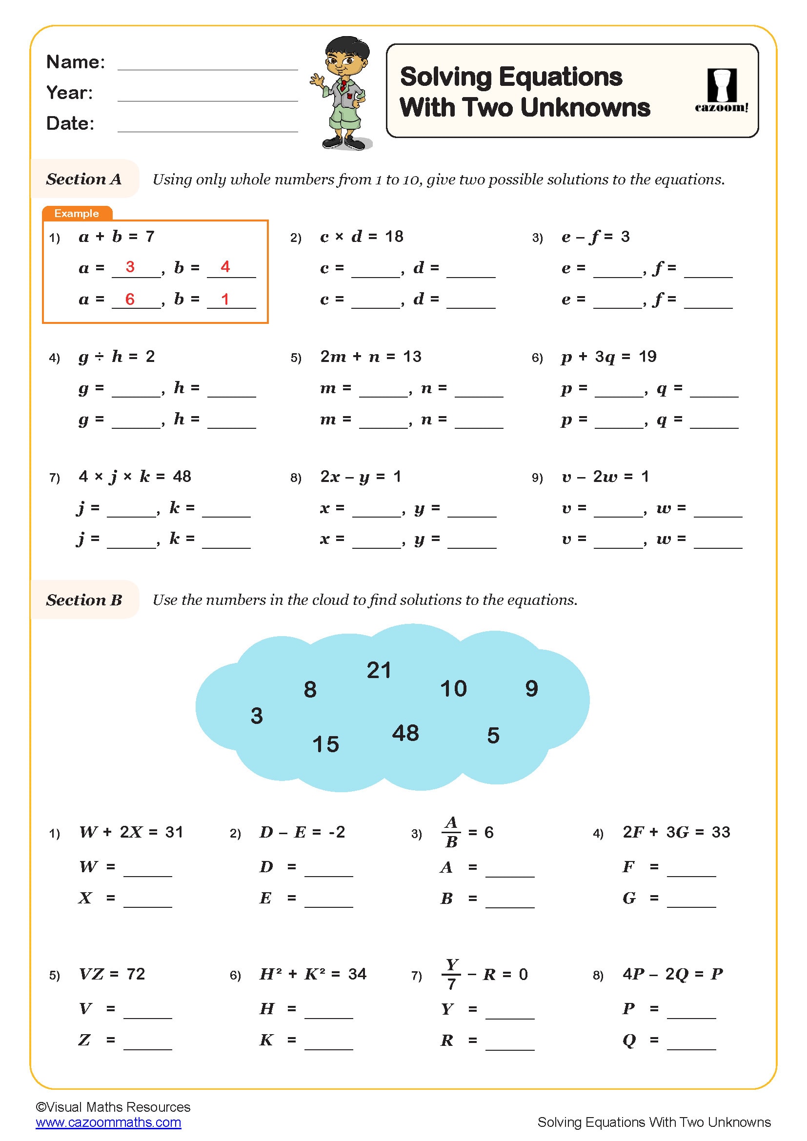Solving Equations With Two Unknowns Worksheet
