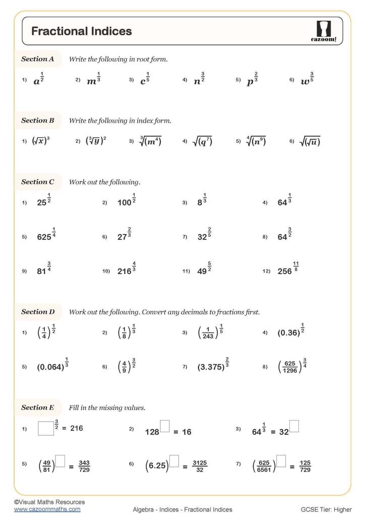 Fractional Indices Worksheet Cazoom Maths Worksheets