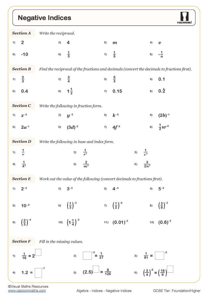 Negative Indices Worksheet Cazoom Maths Worksheets