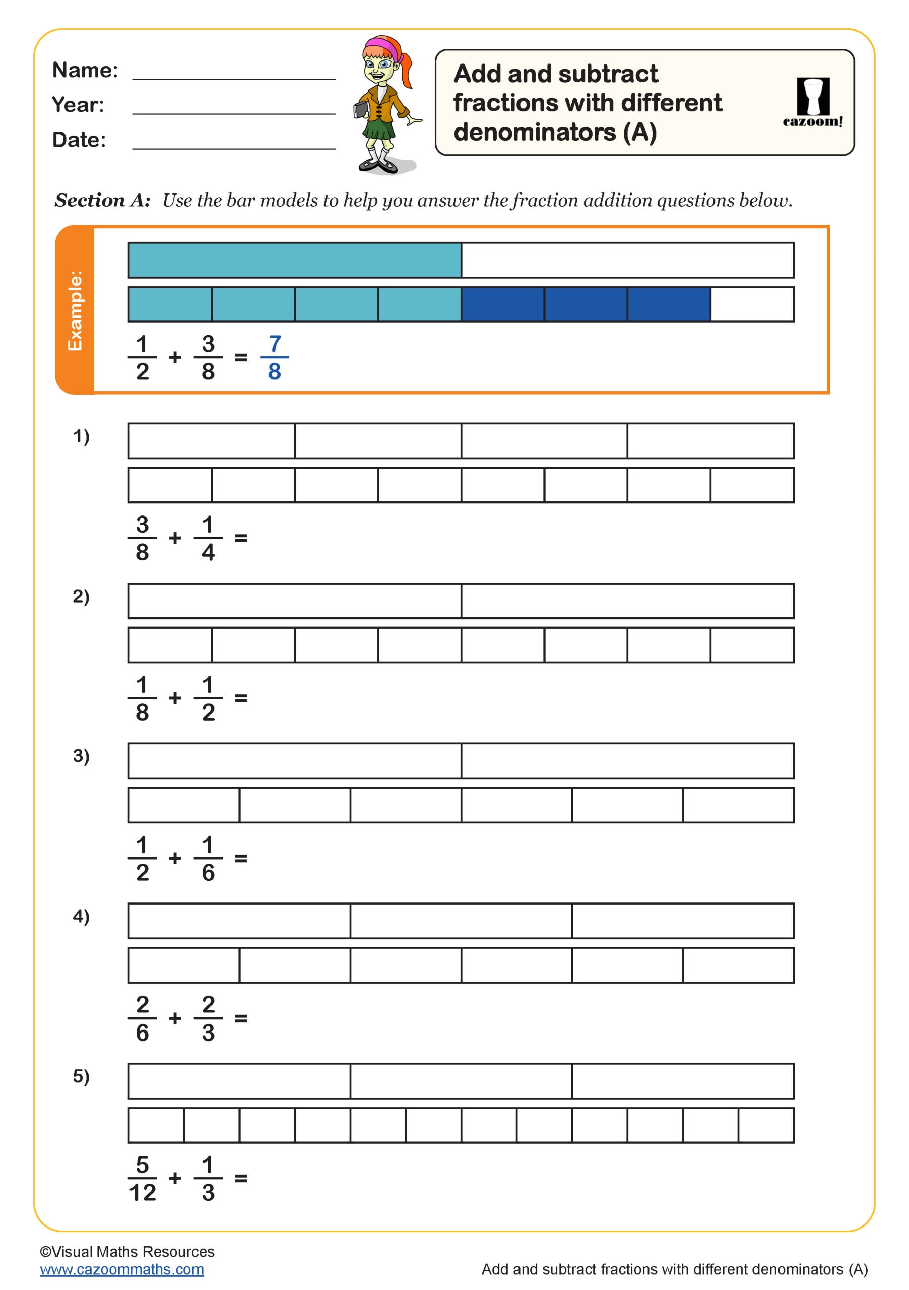 Preview of Add and Subtract Fractions with Different Denominators (A)