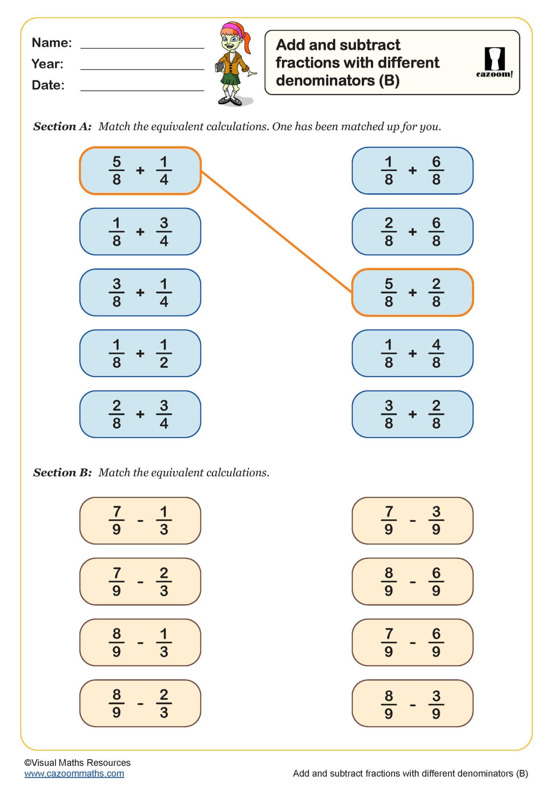 Preview of Add and Subtract Fractions with Different Denominators (B)