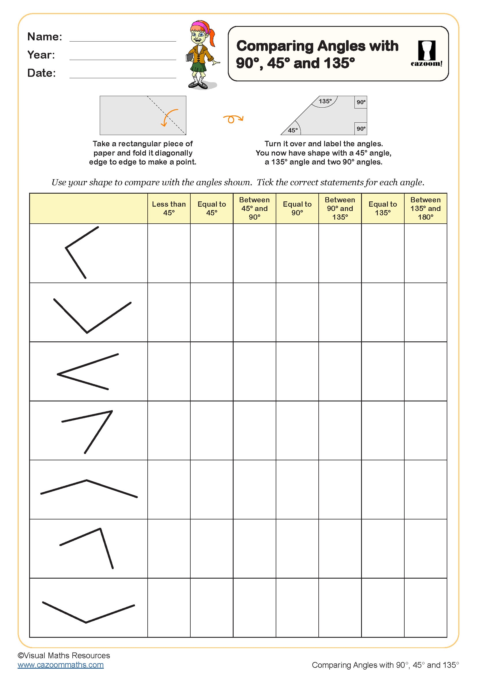 Preview of Comparing angles with 90 degrees, 45 degrees and 135 degrees