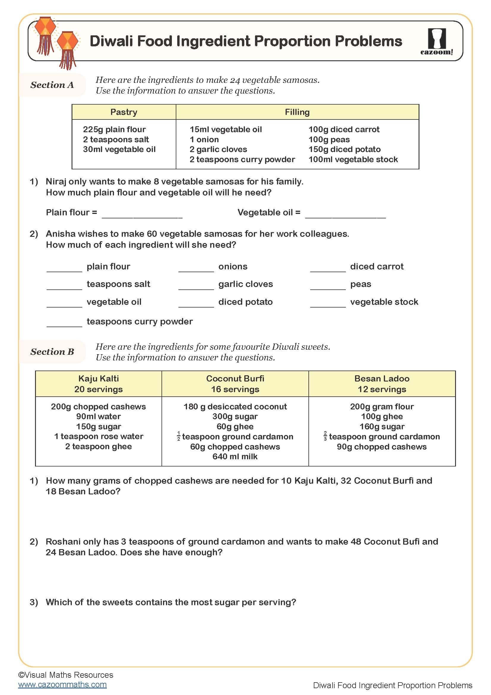 Preview of Diwali Food Ingredient Proportion Problems