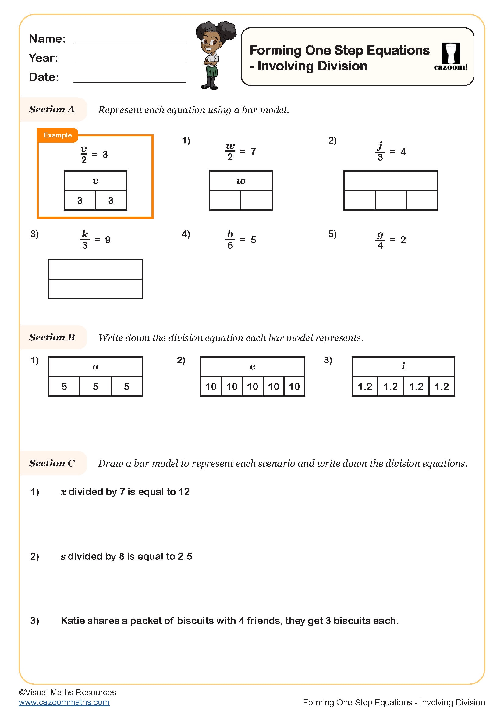 Forming One Step Equations Involving Division Worksheet