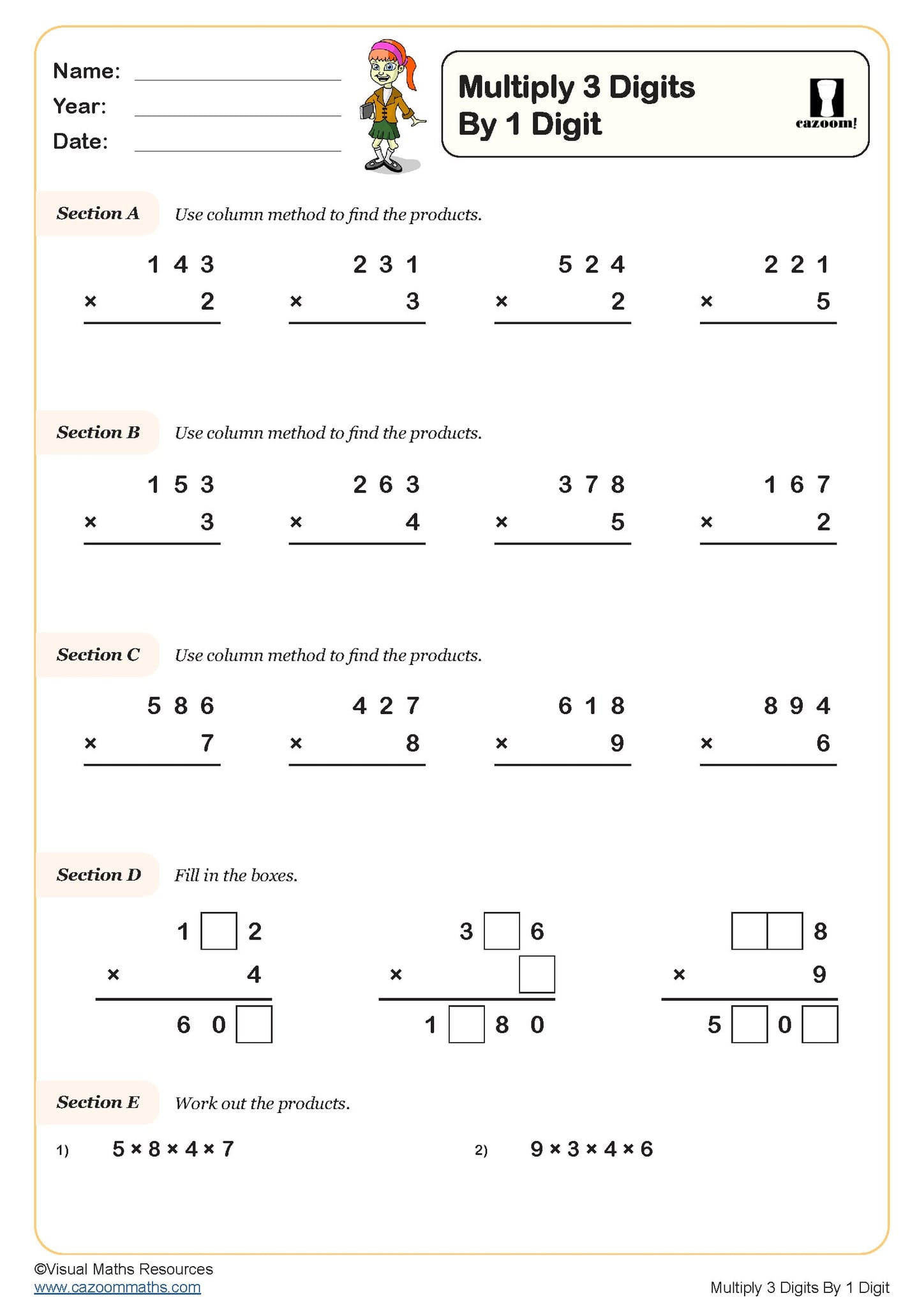 Multiplying 3 Digits By 1 Digit Worksheet Key Stage 2 PDF Number
