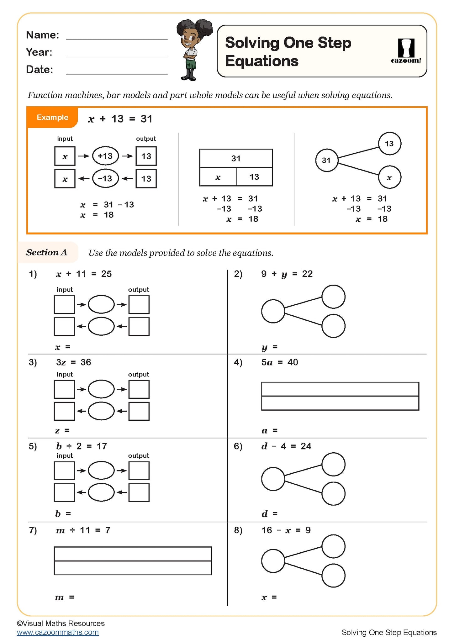 Solving One Step Equations Worksheet | PDF printable Algebra Worksheets