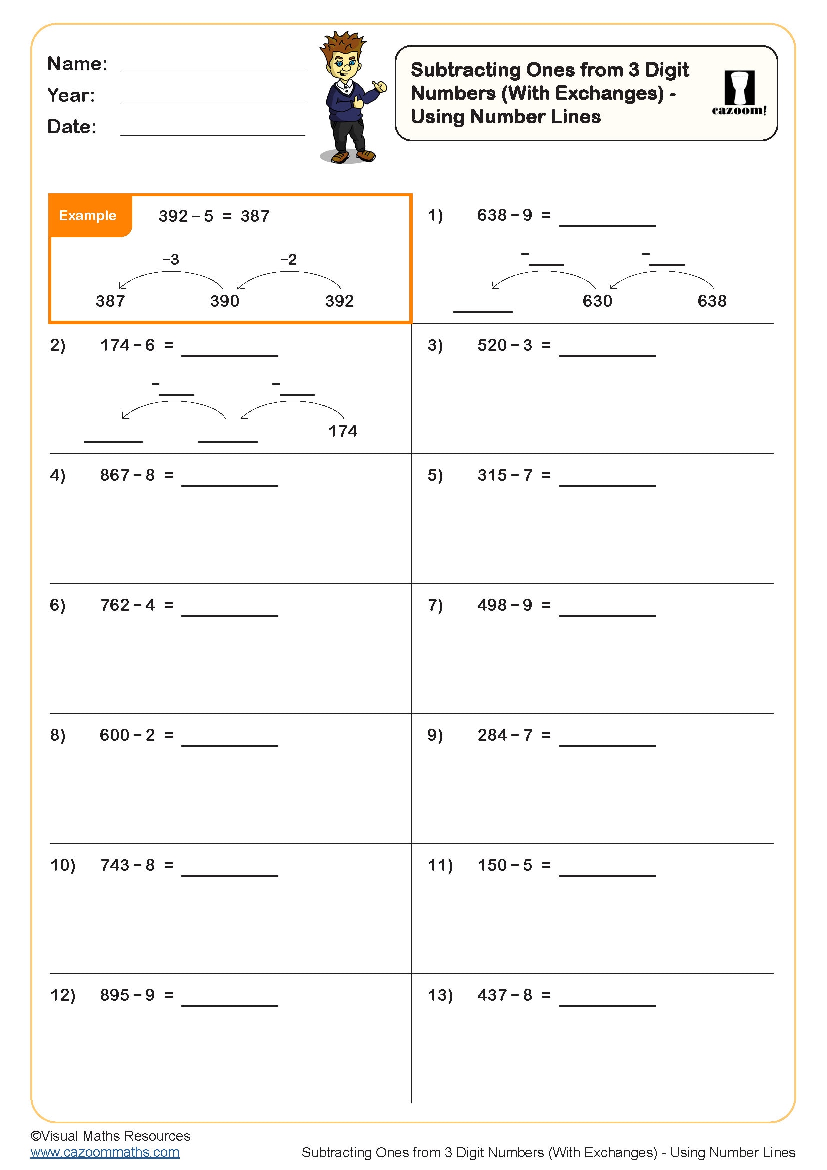 Preview of Subtracting Ones from 3 Digit Numbers (With Exchanges) - Using Number Lines