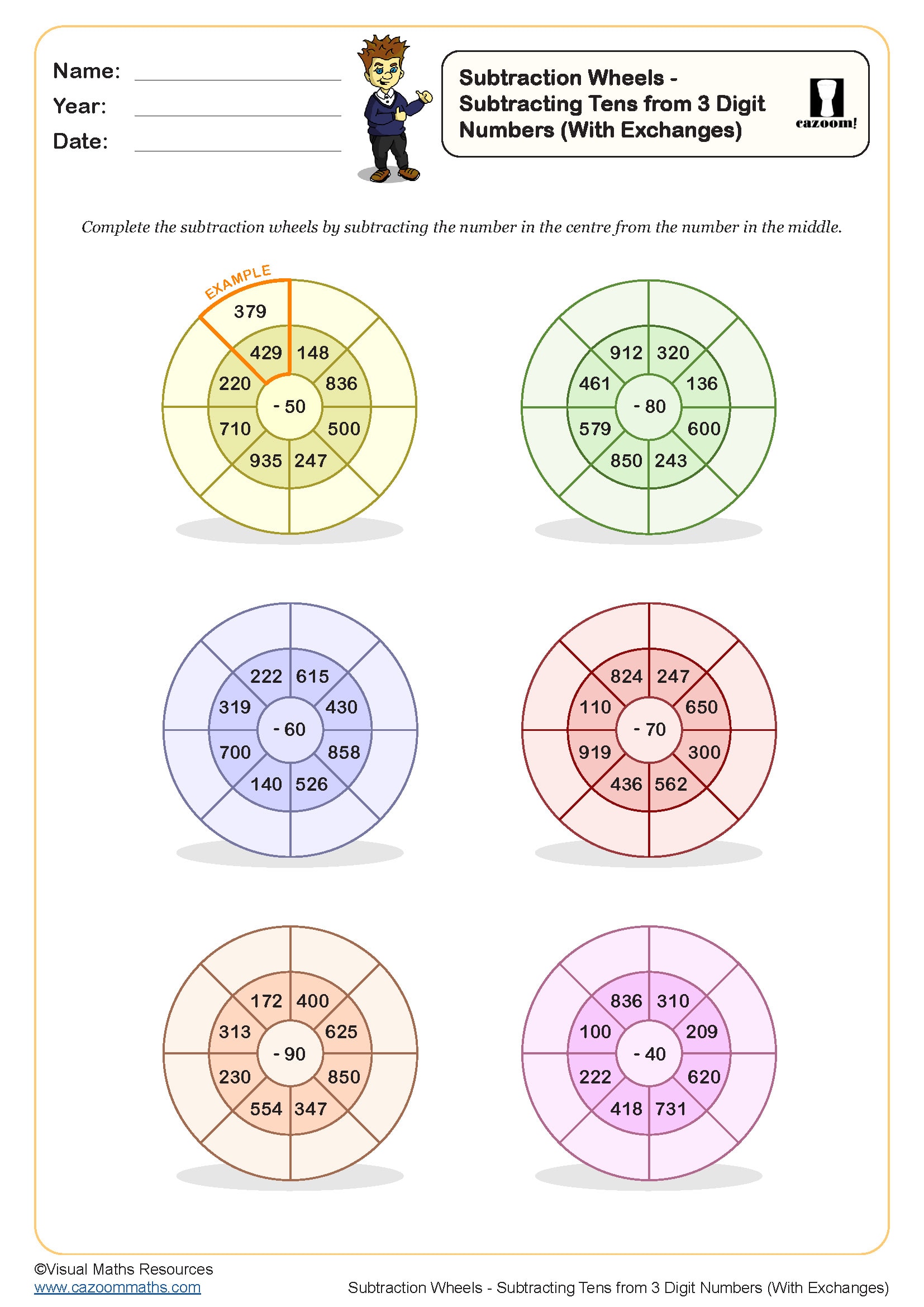 Preview of Subtraction Wheels  - Subtracting Tens from 3 Digit Numbers (With Exchanges)