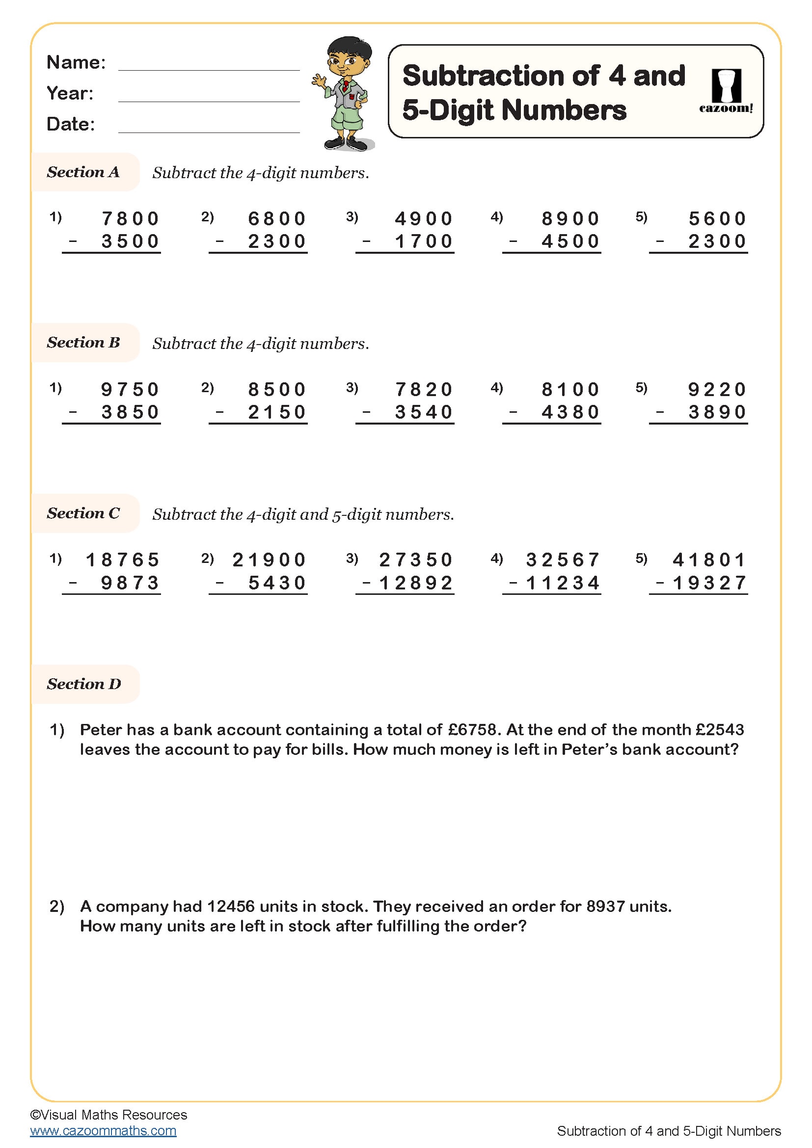 Preview of Subtraction of 4 and 5-digit Numbers